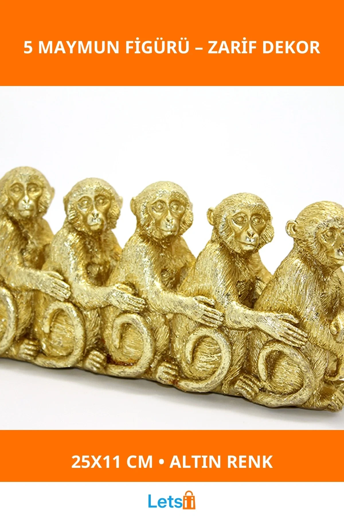Altın Renkli Polyester 5 Maymun Figürü 25x11 cm