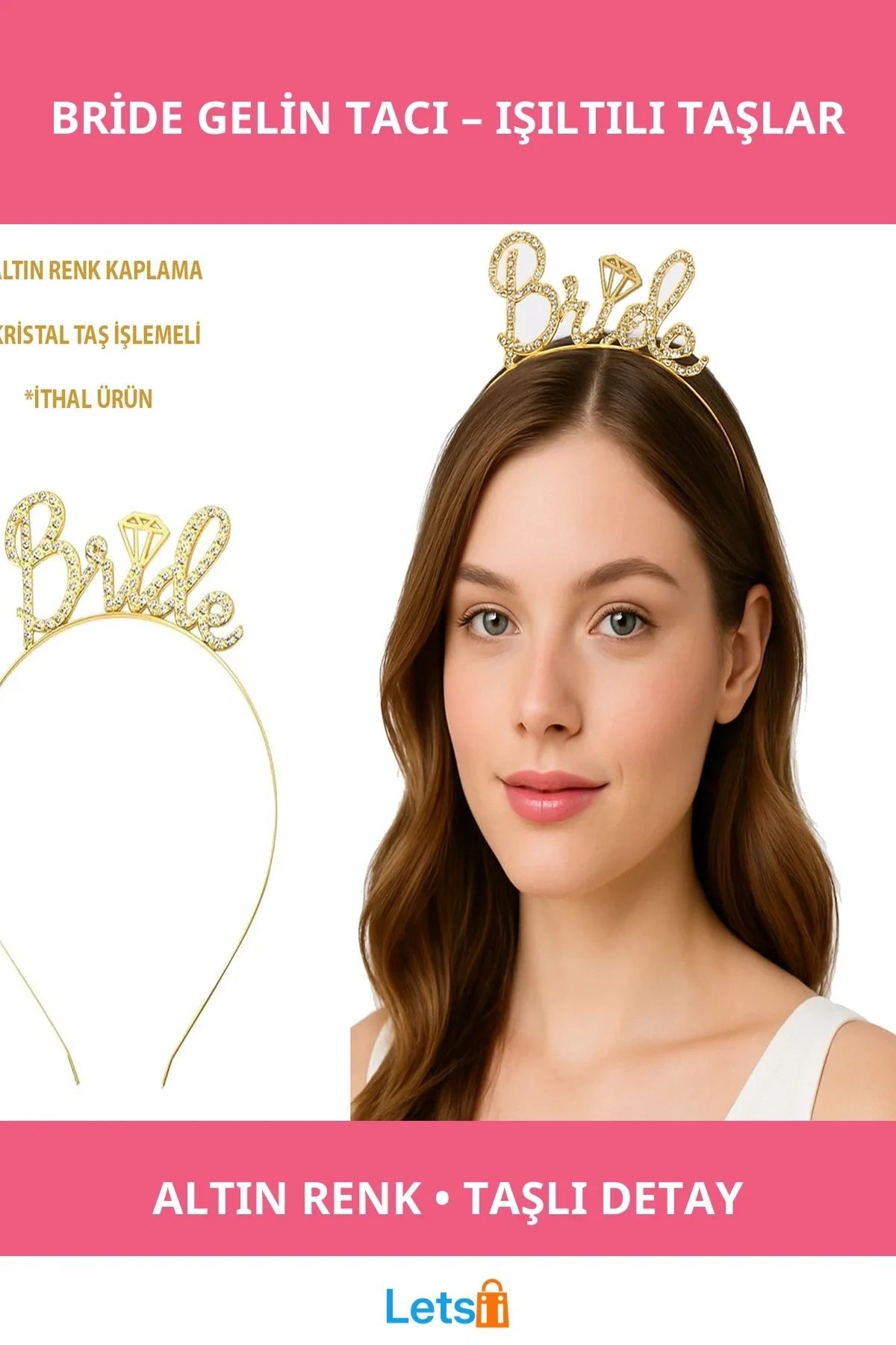 Altın Renkli Taşlı Bride Gelin Tacı