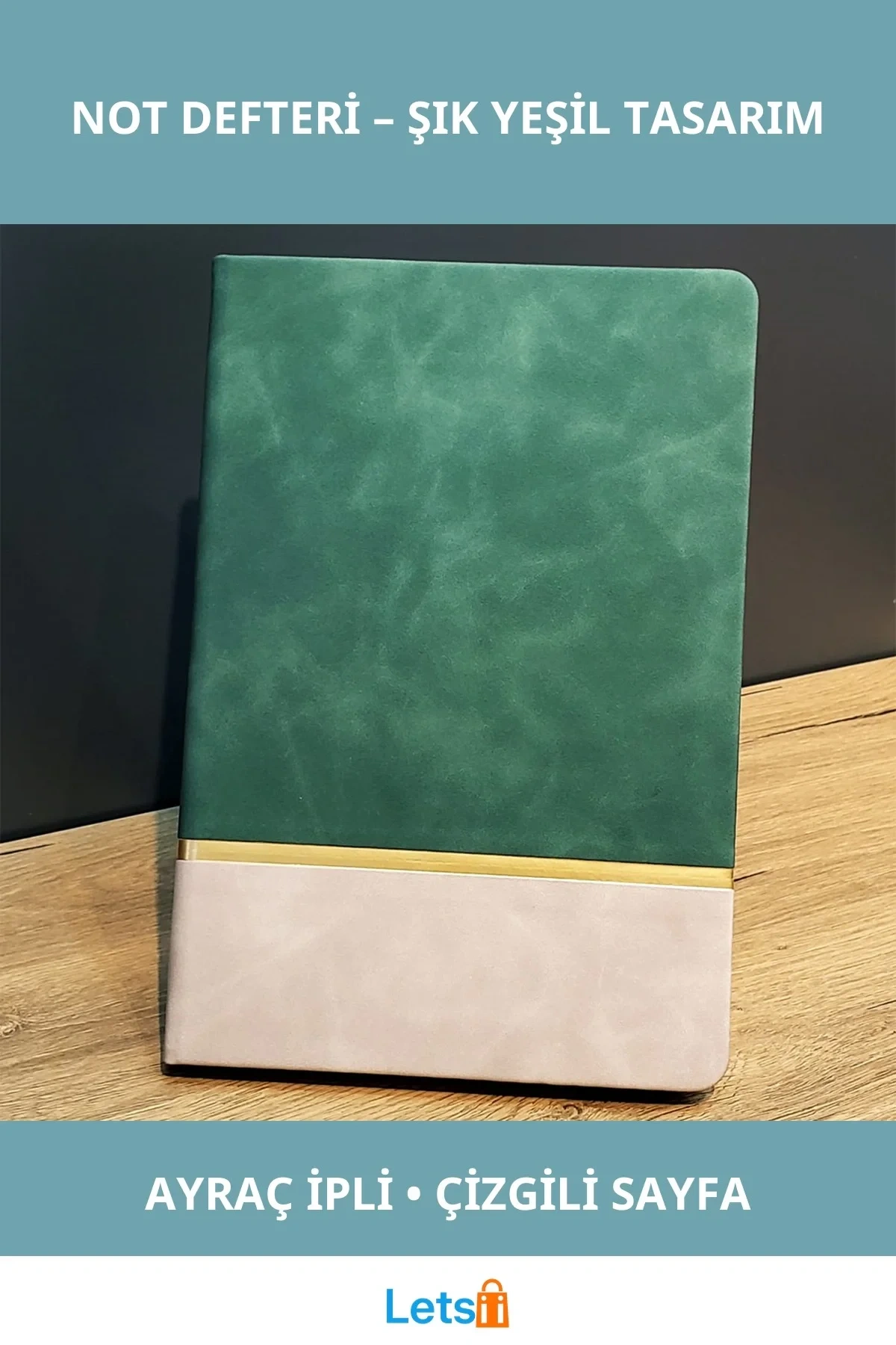 Altın Şeritli Şık Yeşil Deri Not Defteri 21 cm x 15 cm