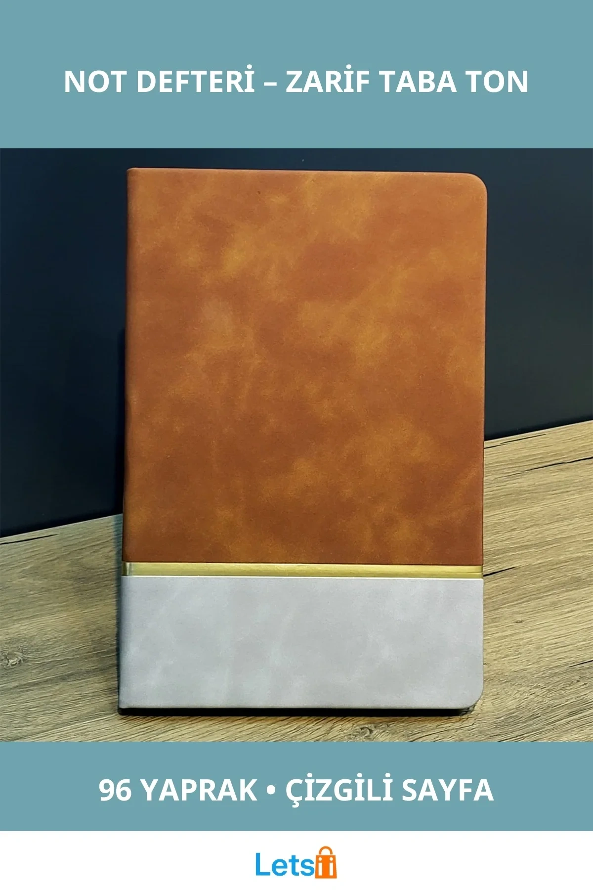 Altın Şeritli Taba Rengi Deri Not Defteri 96 Yaprak