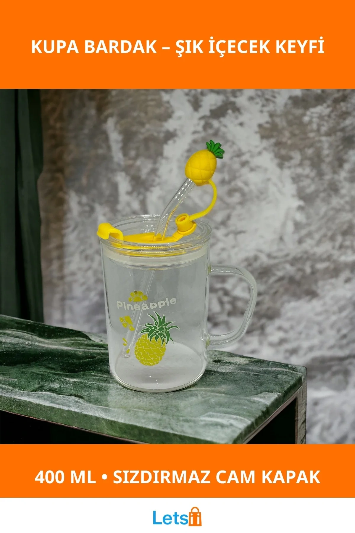 Ananas Tasarımlı 400 ml Sızdırmaz Cam Kupa Bardak