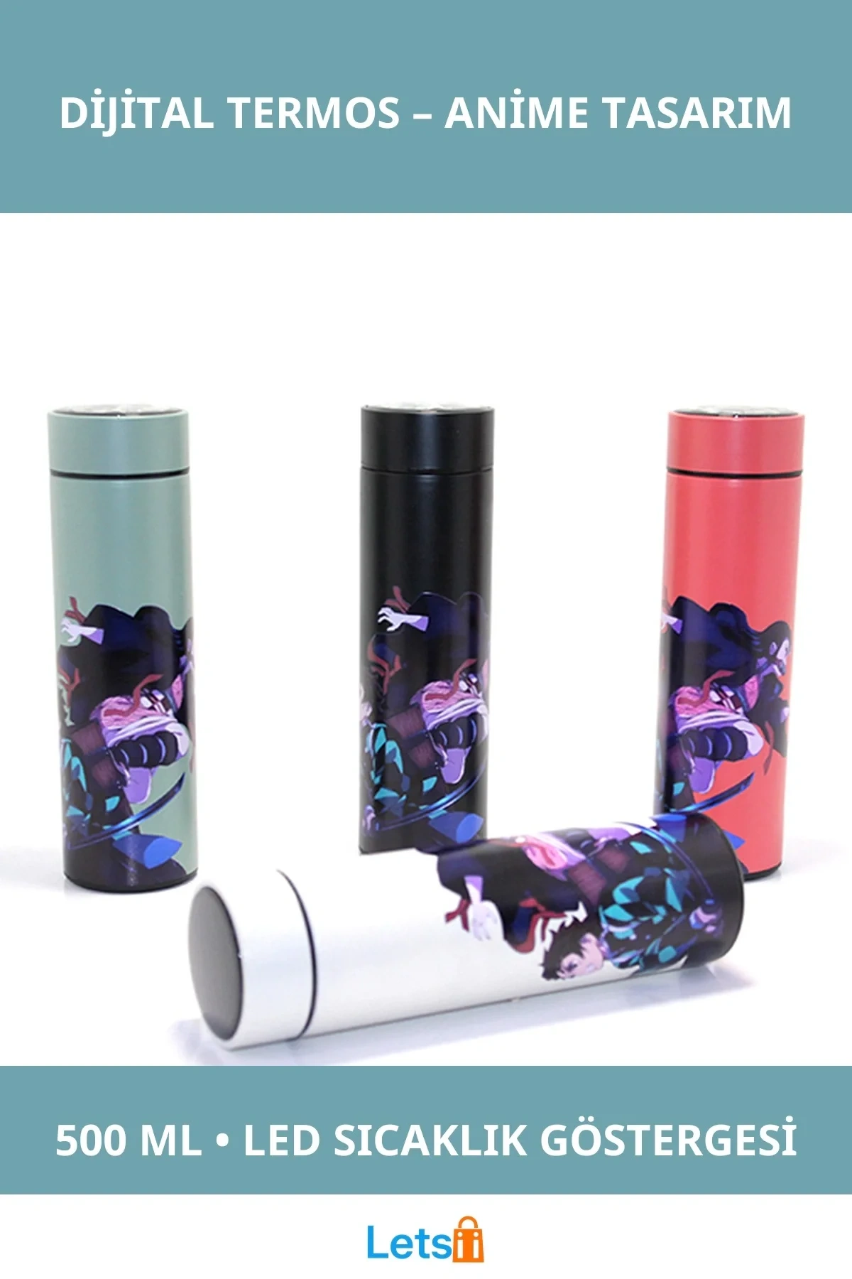 Anime Baskılı Paslanmaz Çelik Dijital Göstergeli Termos 500 ml