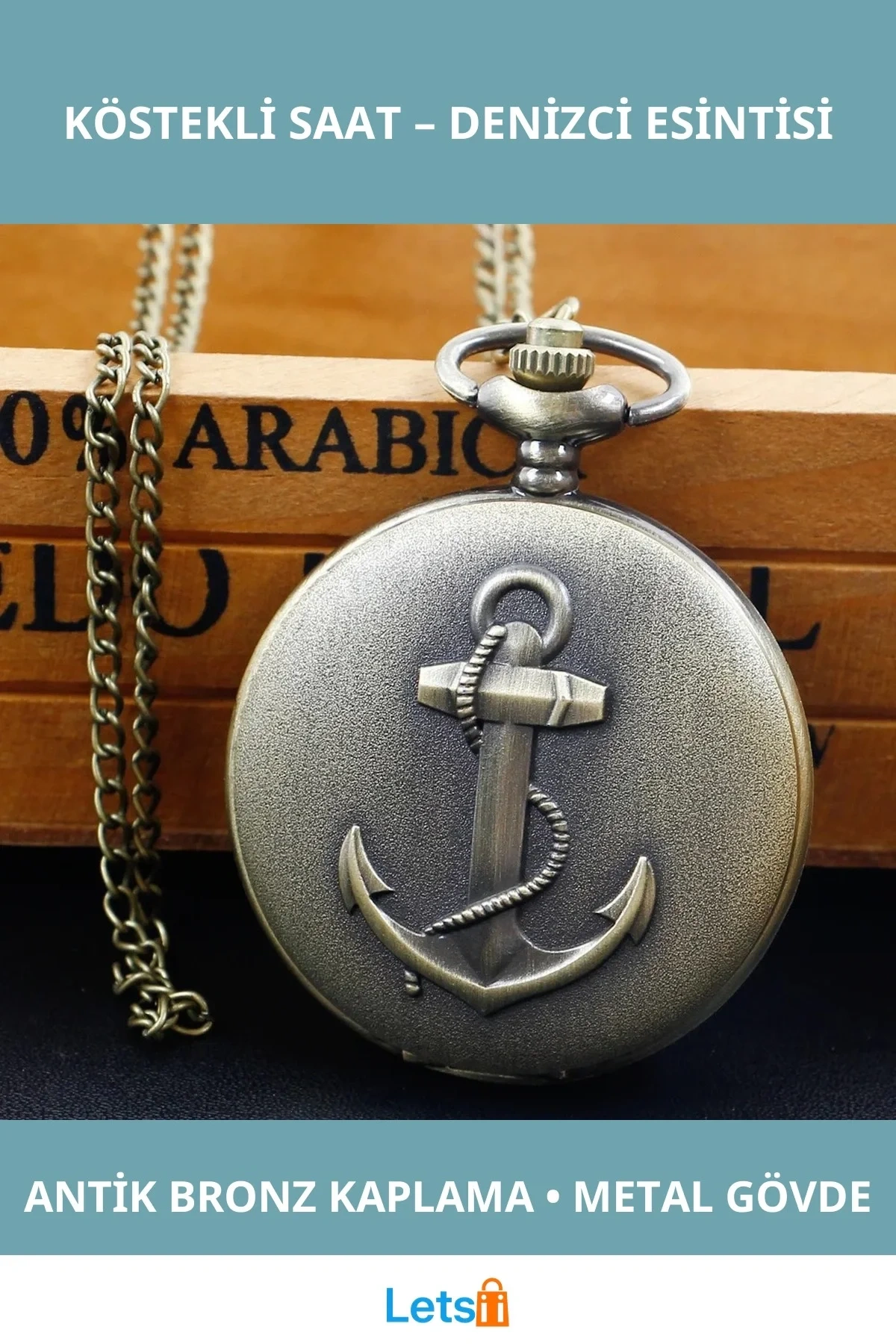 Antik Bronz Çapalı Köstekli Saat Vintage Denizcilik Aksesuvarı