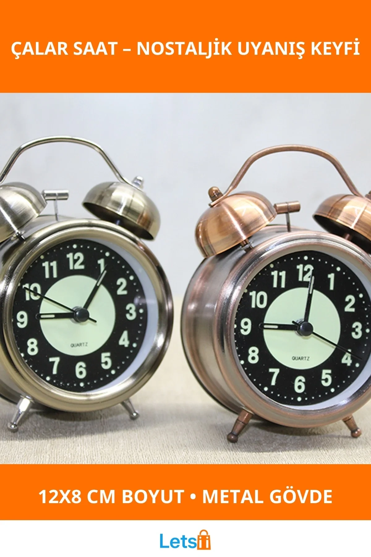 Antik Metal Çalar Saat Küçük Boy 12x8 cm