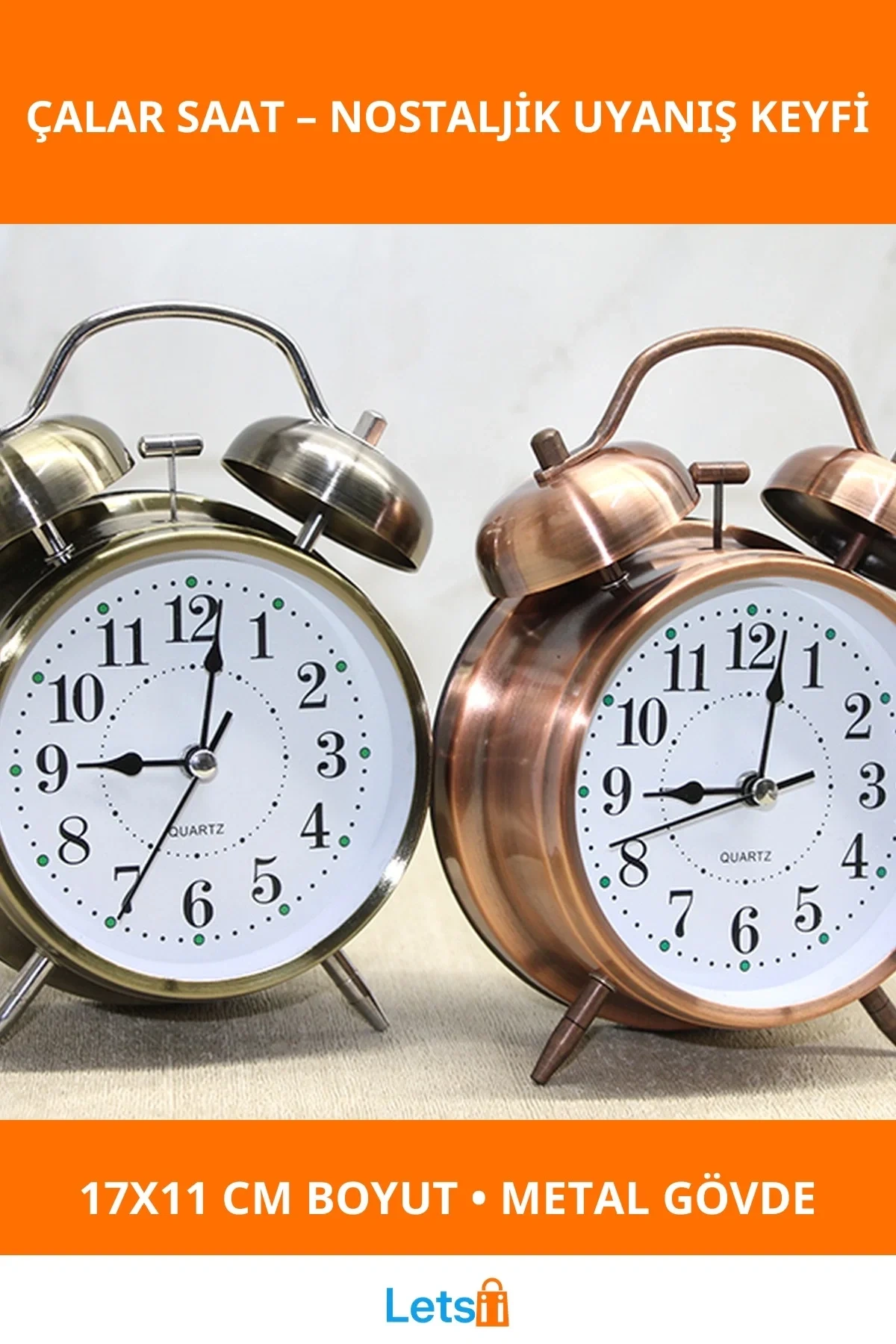 Antik Metal Klasik Çalar Saat 17x11 cm