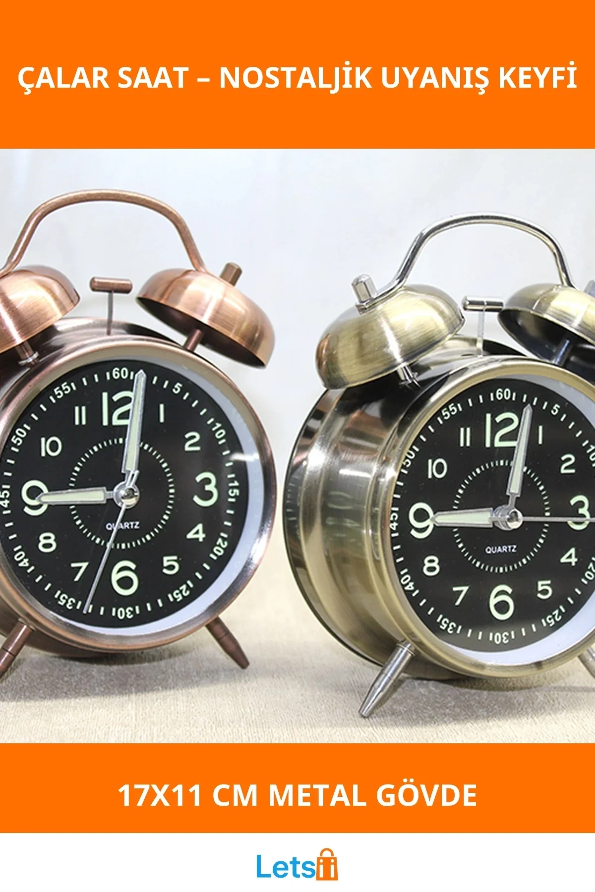 Antik Metal Klasik Çalar Saat 17x11 cm Dayanıklı
