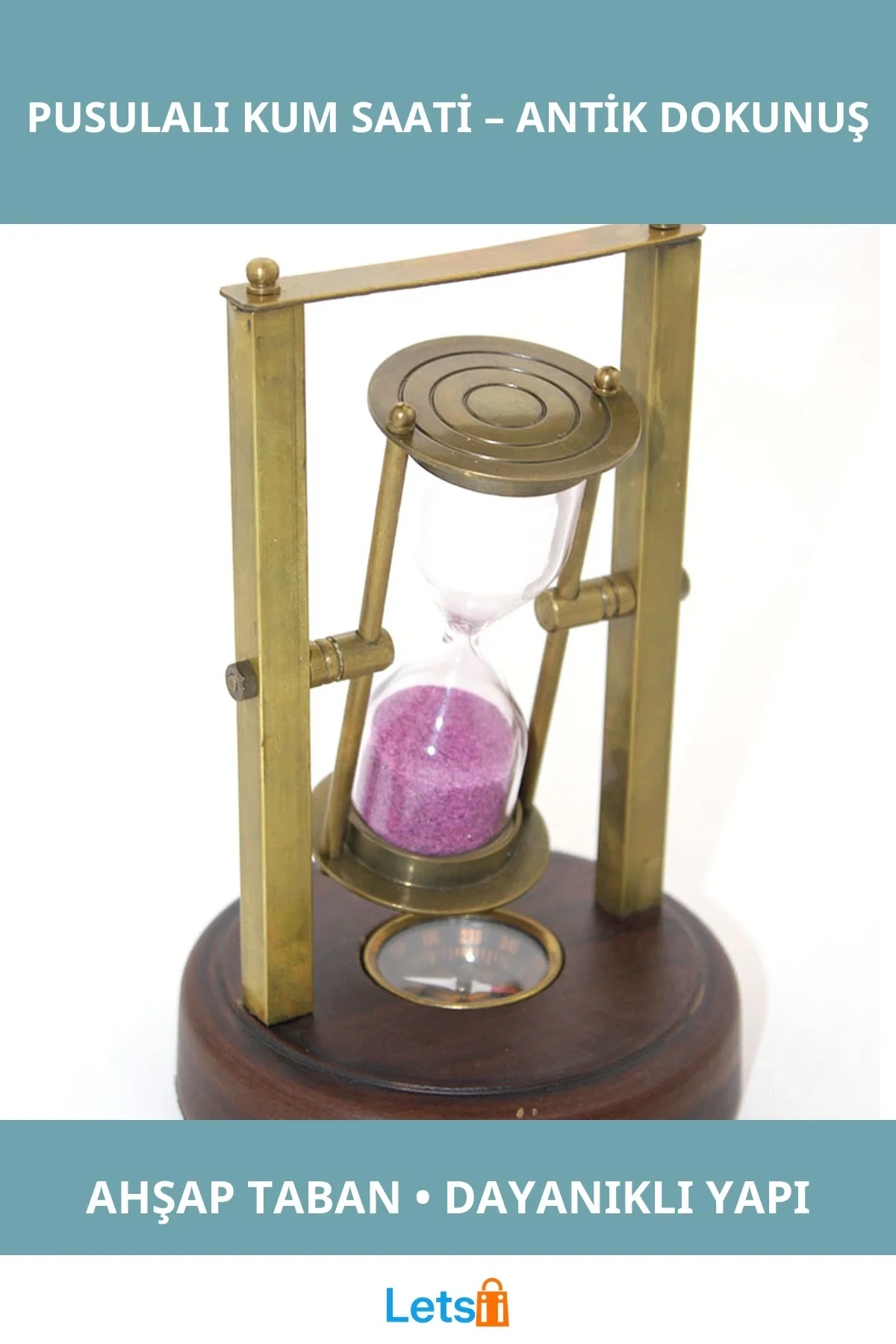 Antik Tarz Pirinç Pusulalı Kum Saati Ahşap Taban