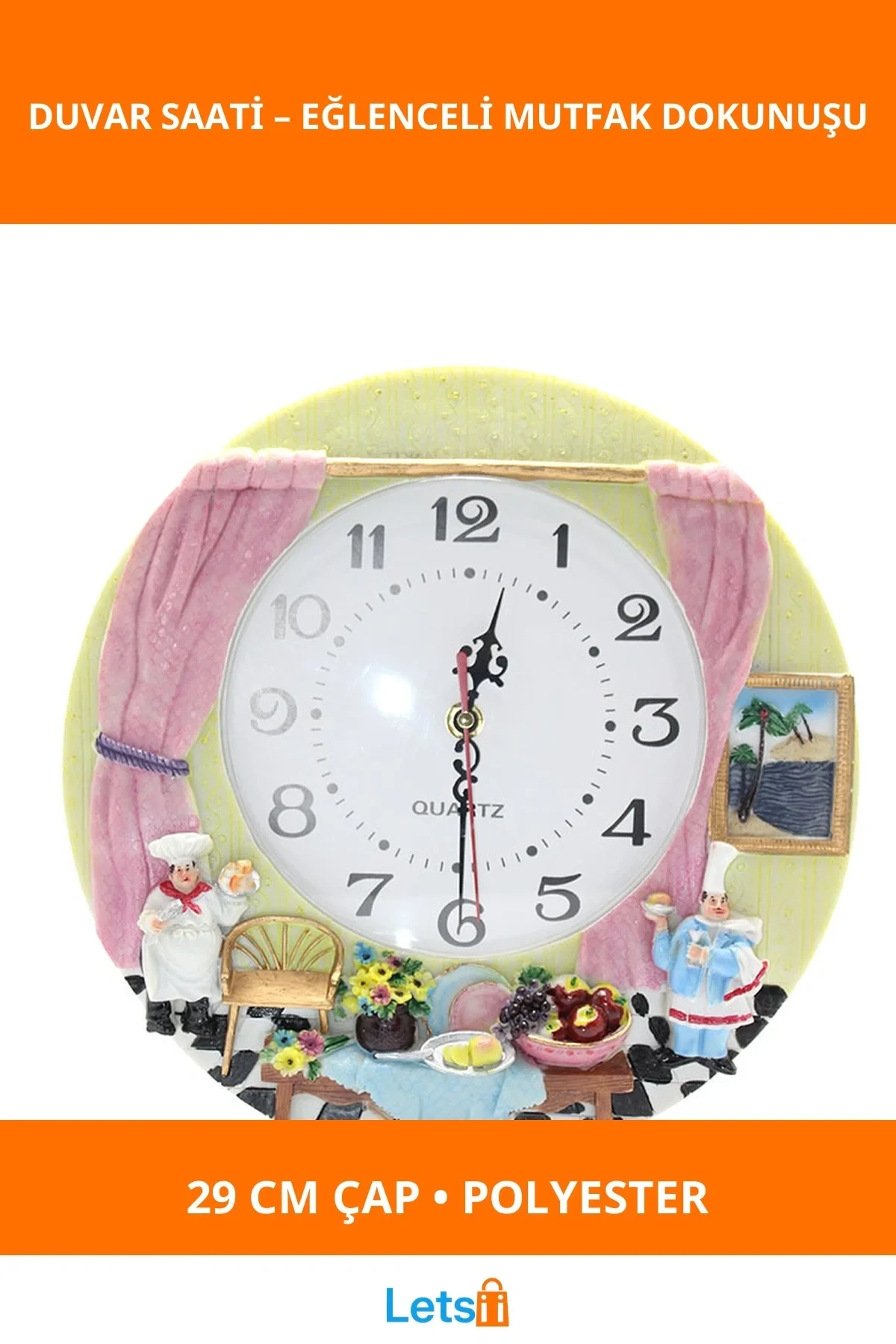 Aşçı Tasarımlı Polyester Duvar Saati 29 cm Mutfak Dekoru