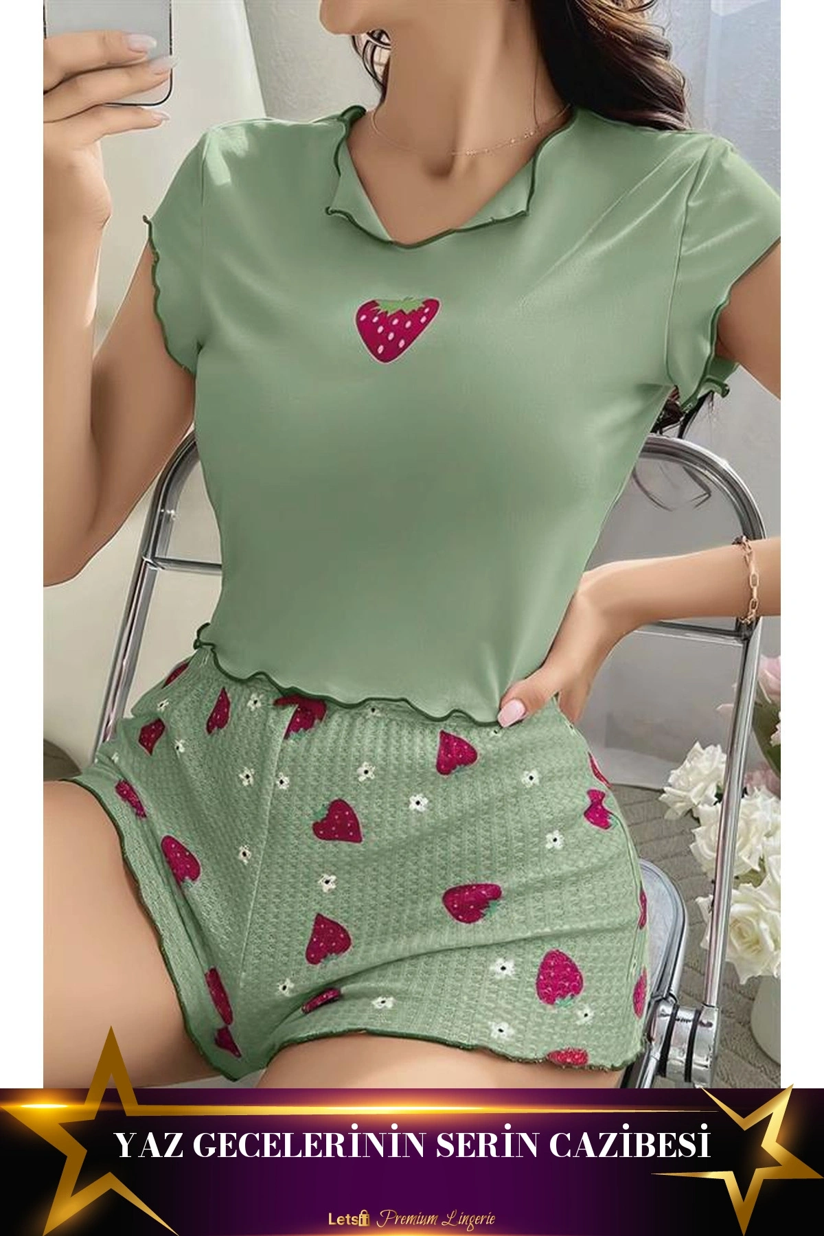 Askılı Şortlu Pijama Takımı Yeşil Renk