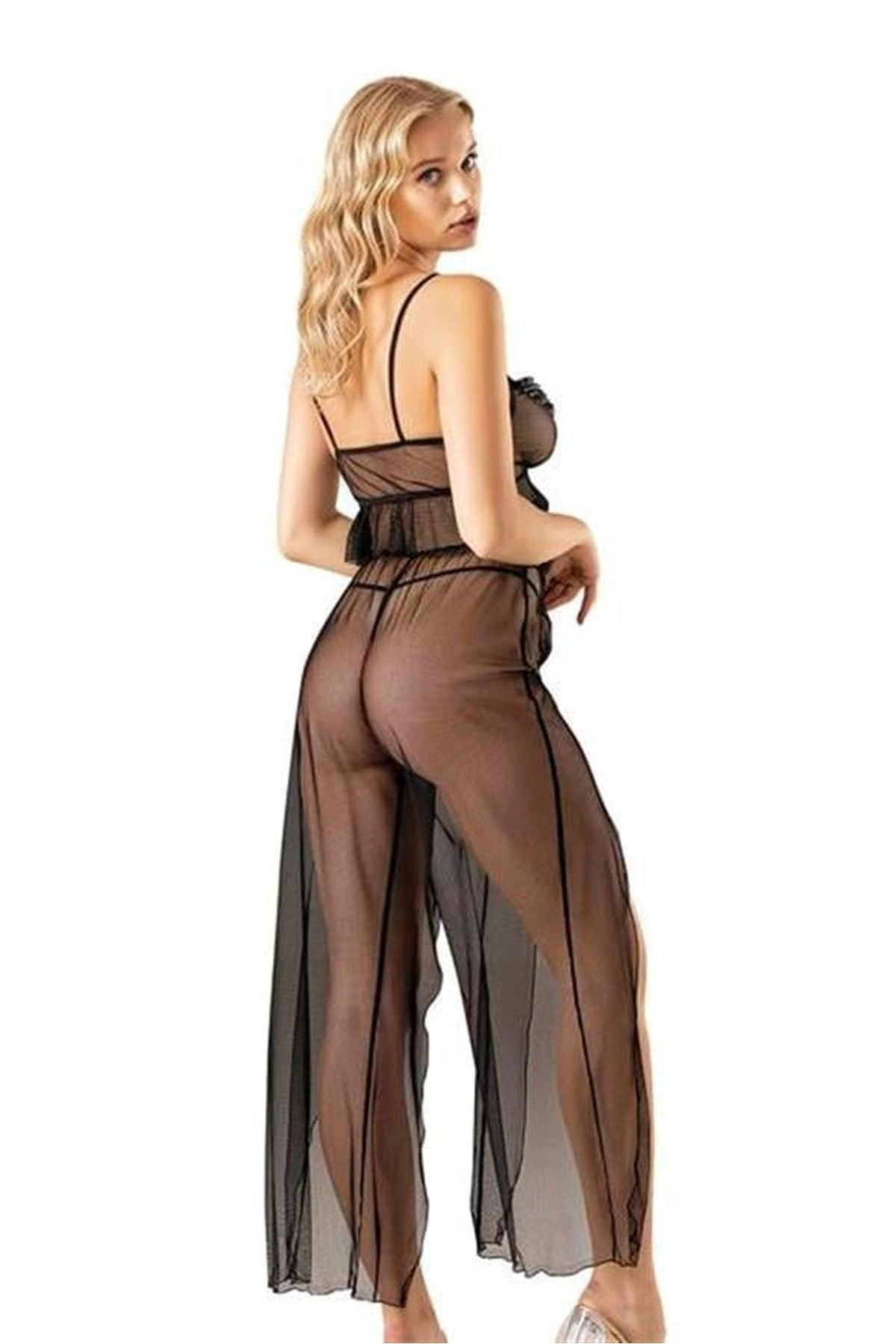 Askılı Yırtmaçlı File Fantezi Takım Kırmızı Renk