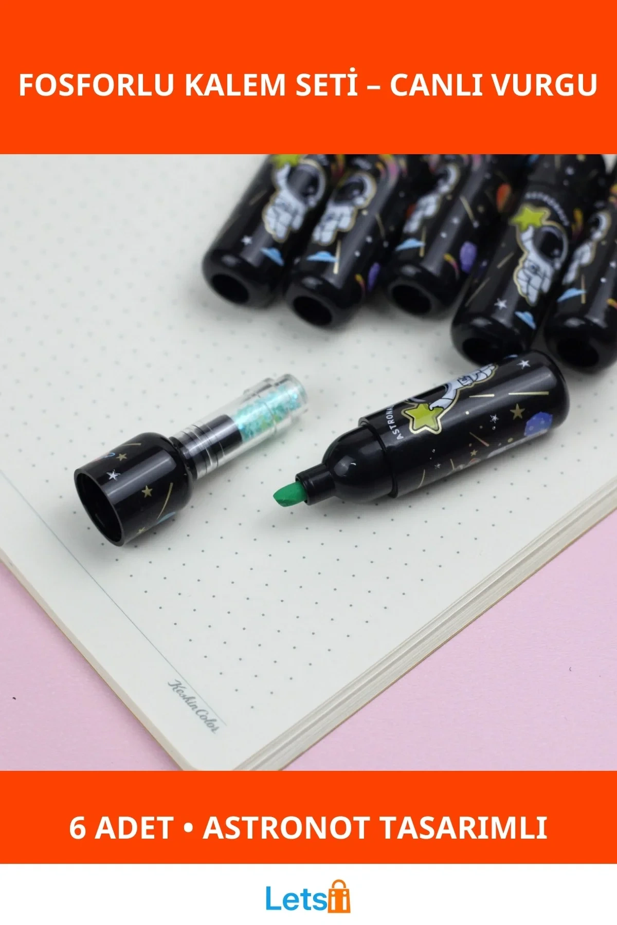 Astronot Desenli Fosforlu Kalem Seti 6 Adet