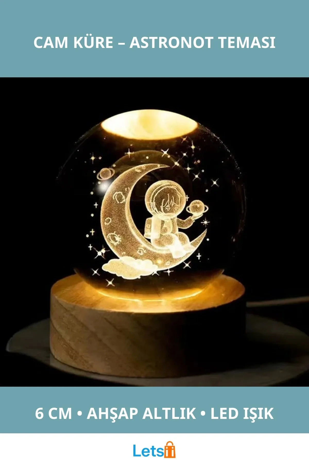 Ay Üstünde Astronot Tasarımlı Ahşap Altlıklı Işıklı Cam Küre 6cm