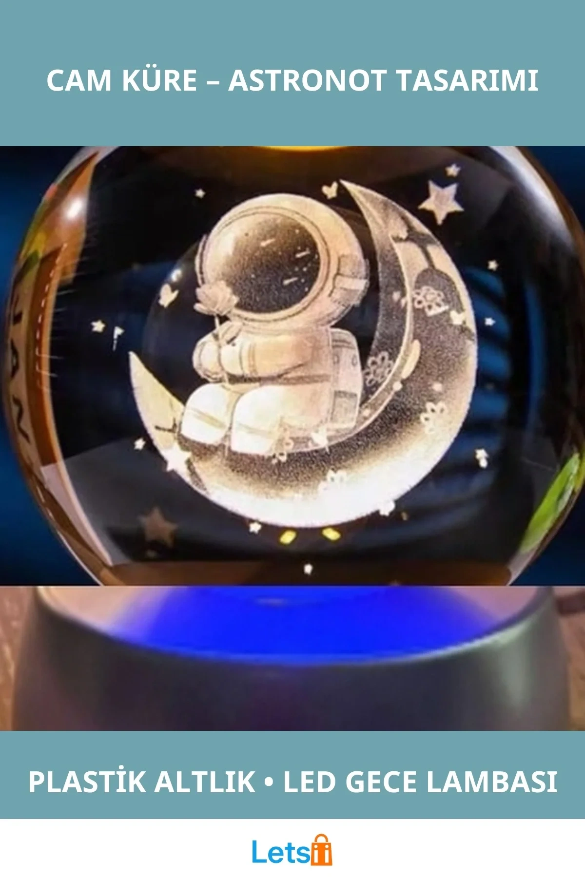 Ay Üstünde Astronot Tasarımlı Işıklı Cam Küre