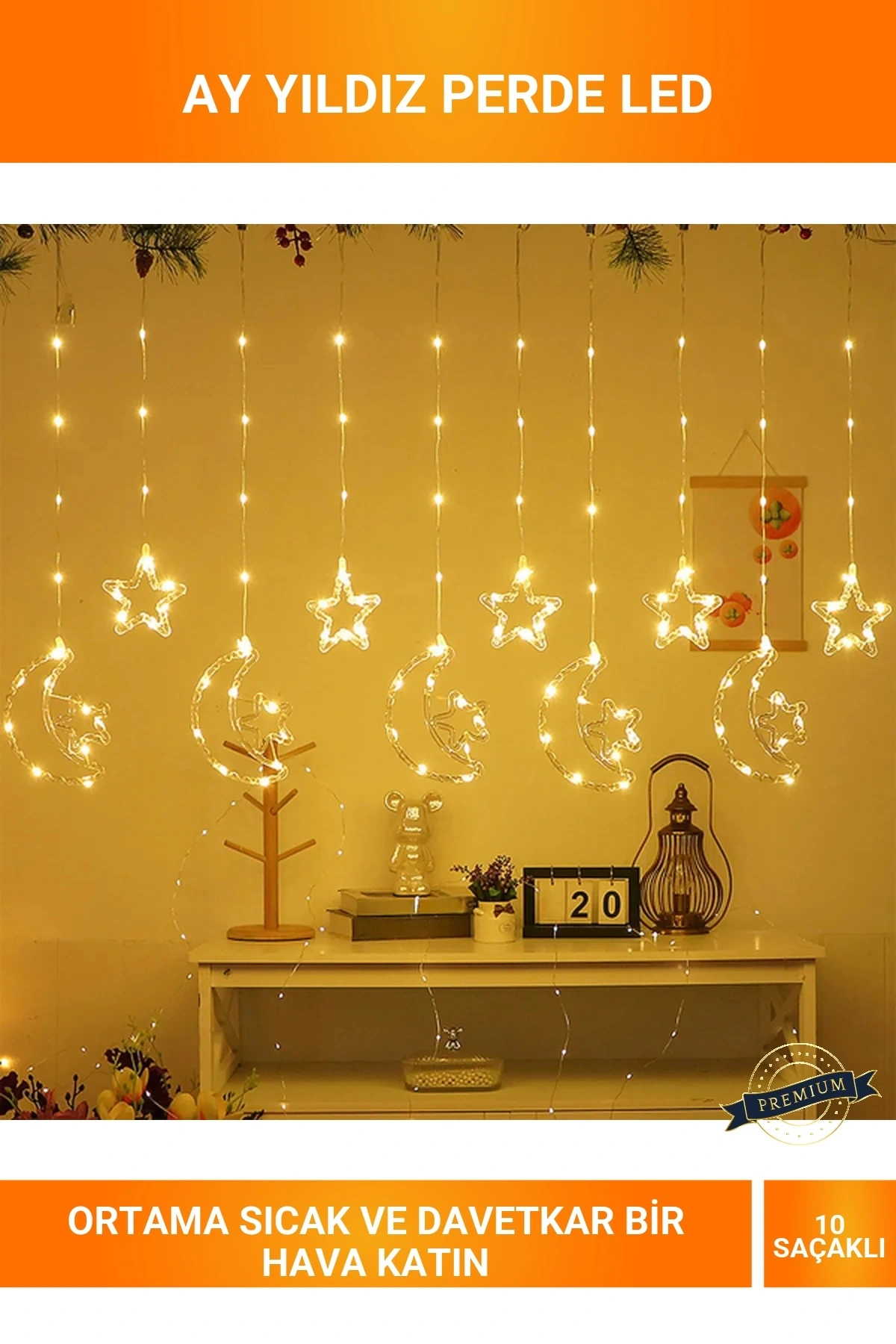 Ay Yıldız 10 Saçaklı Sıcak Beyaz Perde LED Işıklandırma