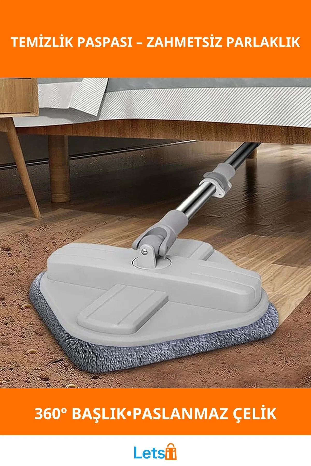 Ayarlanabilir Paslanmaz Çelik Temizlik Paspası 360° Dönebilen Başlık ile Ahşap ve Sert Zeminler için