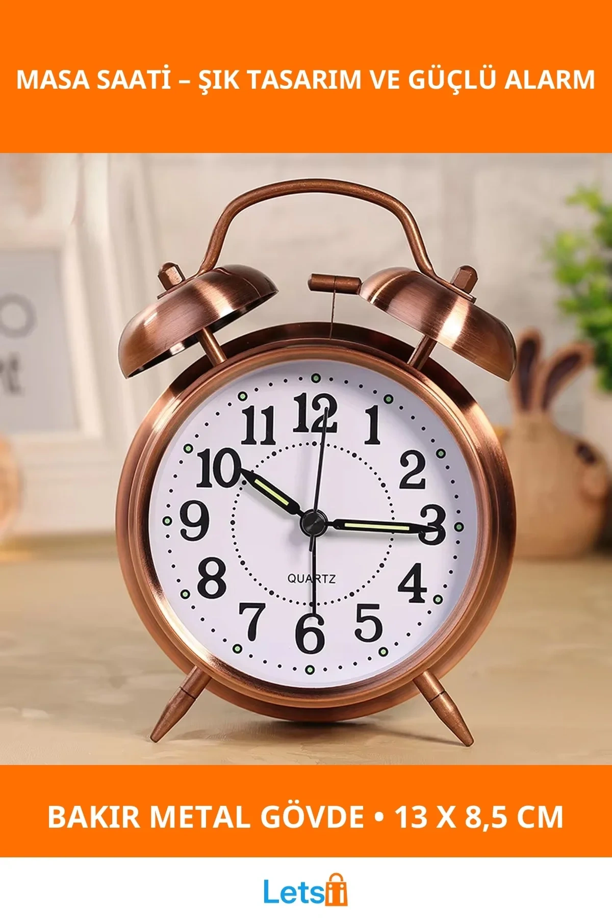 Bakır Metal Alarmlı Masa Saati 13 cm Şık ve Fonksiyonel