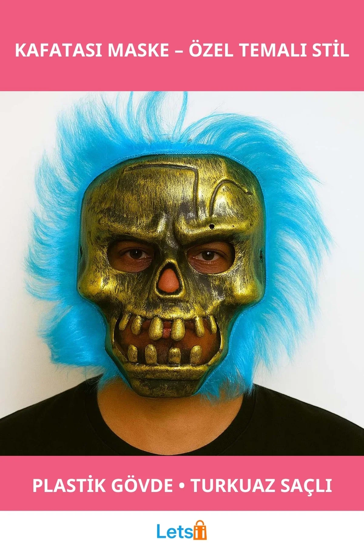 Bakır Renkli Turkuaz Saçlı İskelet Kafatası Maske