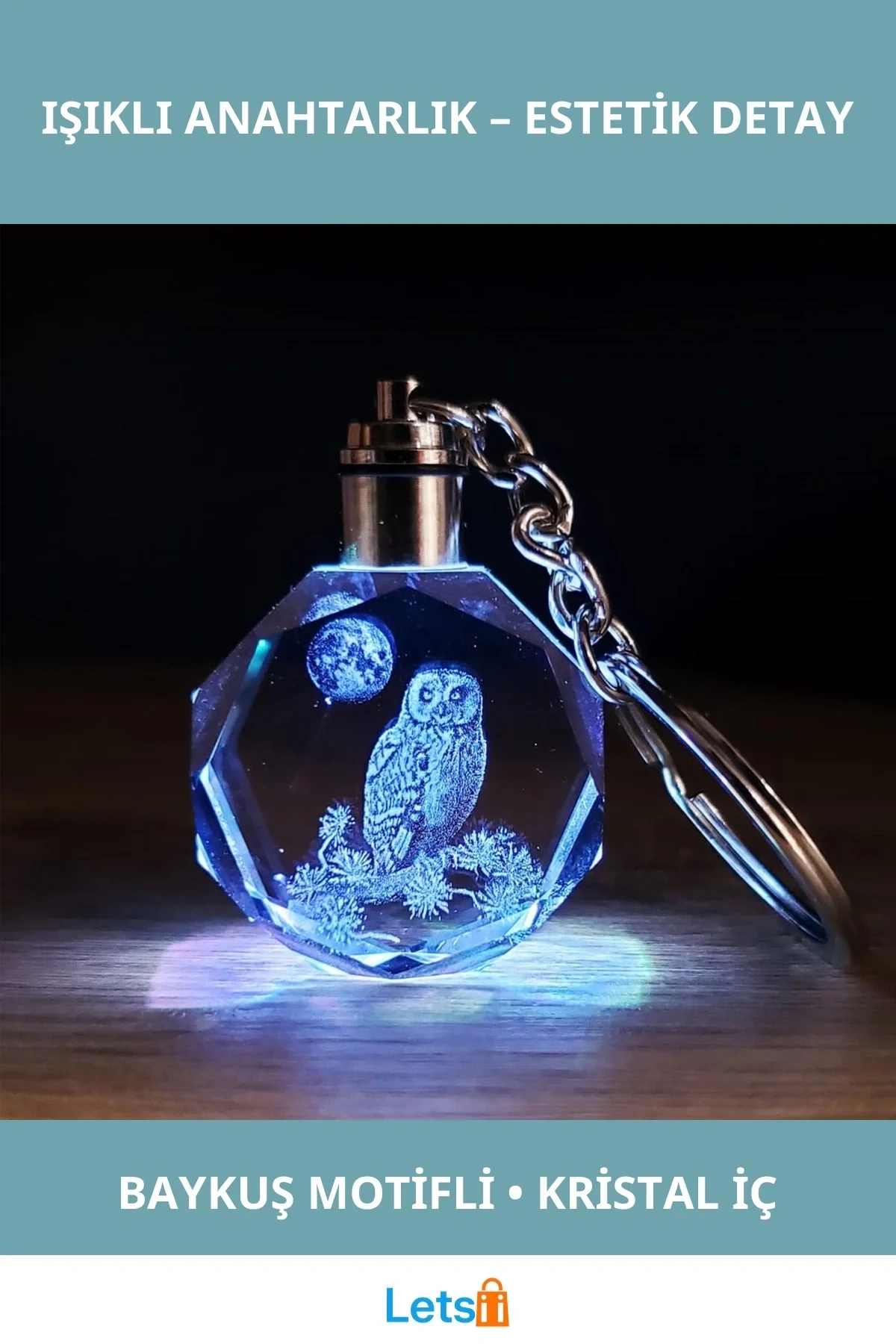 Baykuş Tasarımlı Işıklı Kristal Anahtarlık 10 cm