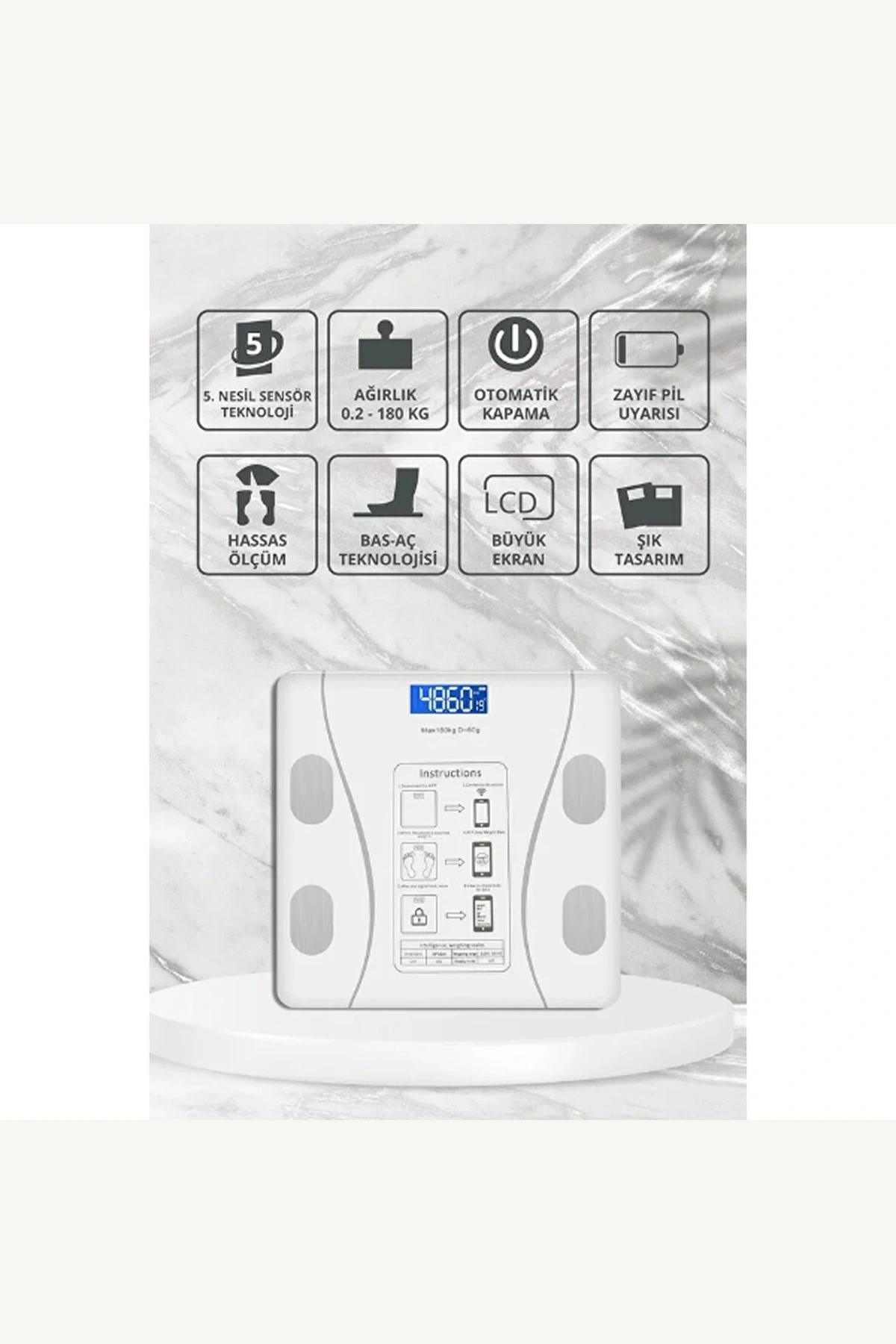 Beyaz Bluetooth Akıllı Vücut Analiz Tartısı Yağ Kas Kütlesi BMI Ölçer Dijital Baskül 180 Kg