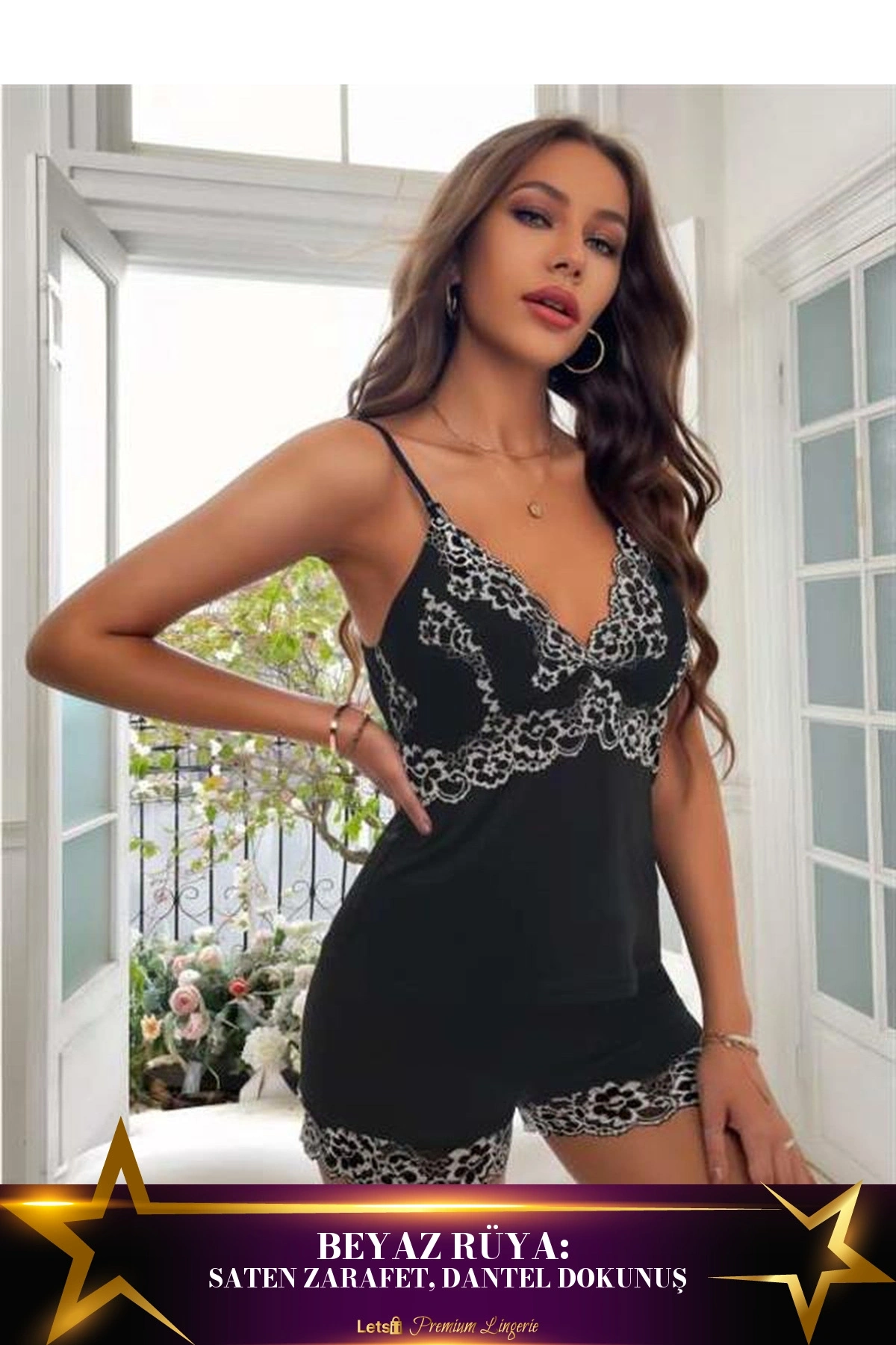 Beyaz Dantel İşlemeli İnce Askılı Saten Şortlu Takım Siyah Renk