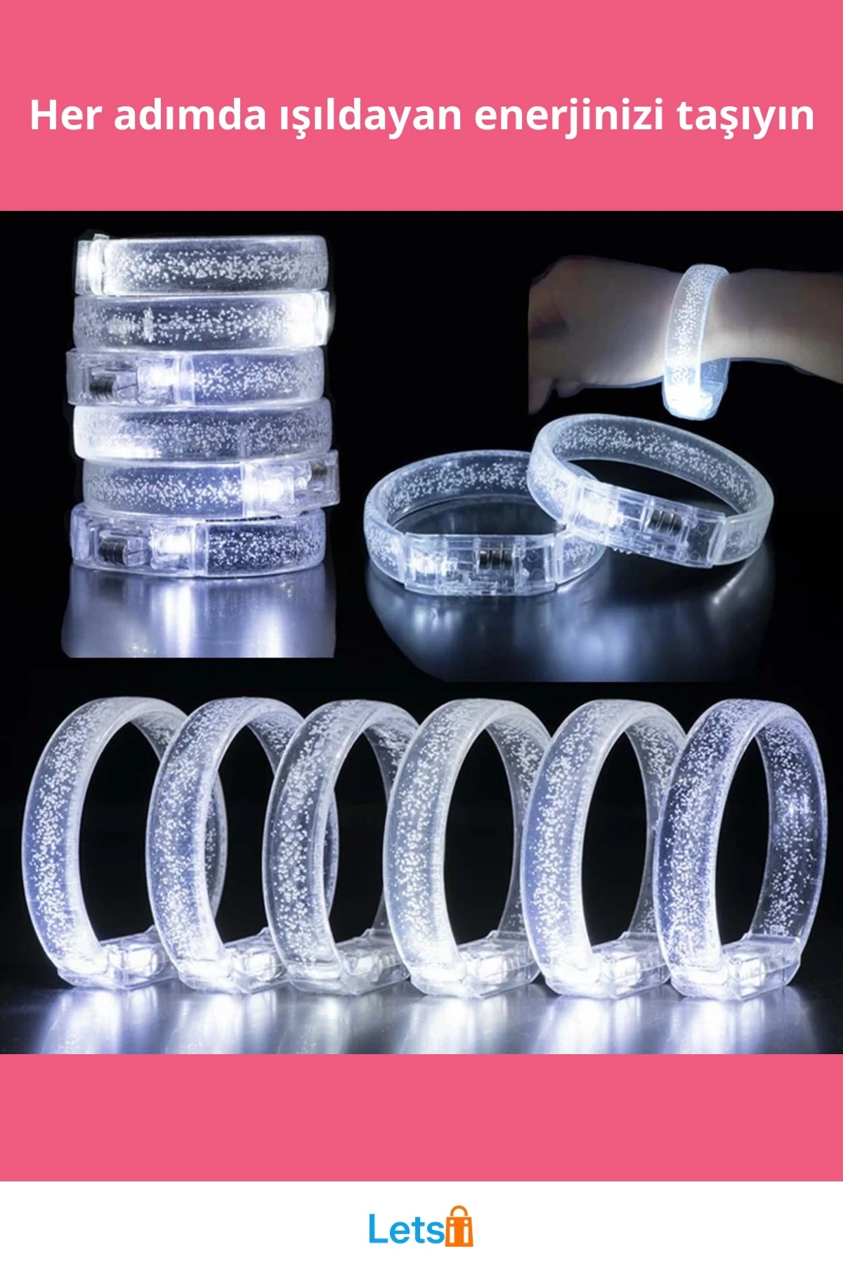 Beyaz Gümüş Led Işıklı Baskı Yapılabilen Pilli Bileklik Bilezik