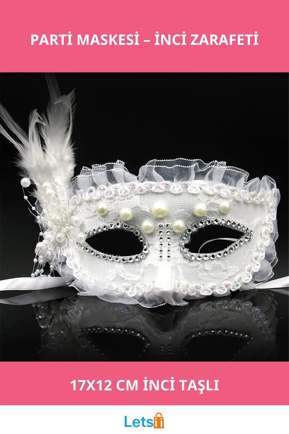 Beyaz İnci Taşlı Şık Parti Maskesi 17x12 cm