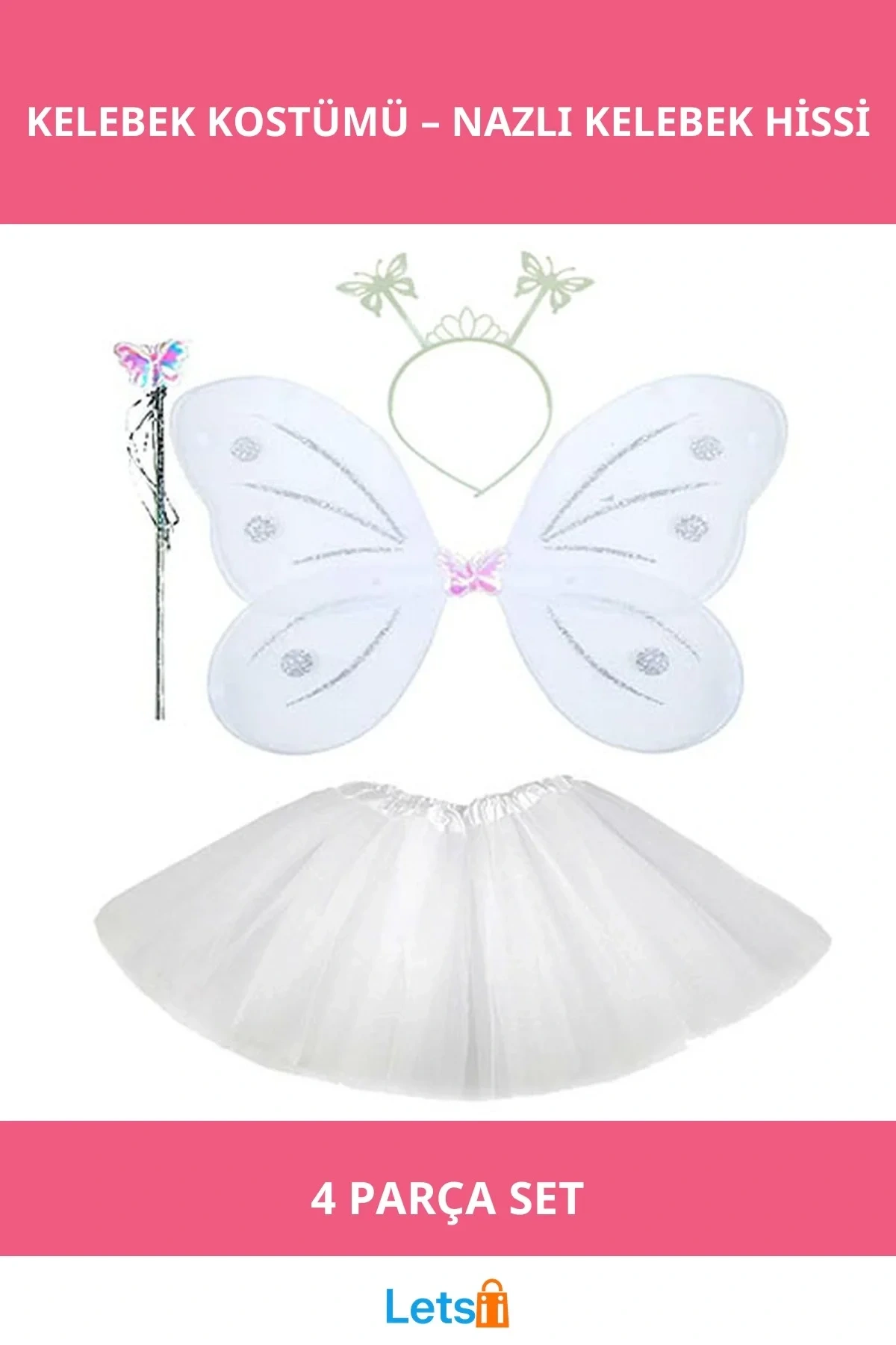 Beyaz Kelebek Tütü Etek Kanat Tacı Asası Kostüm Seti