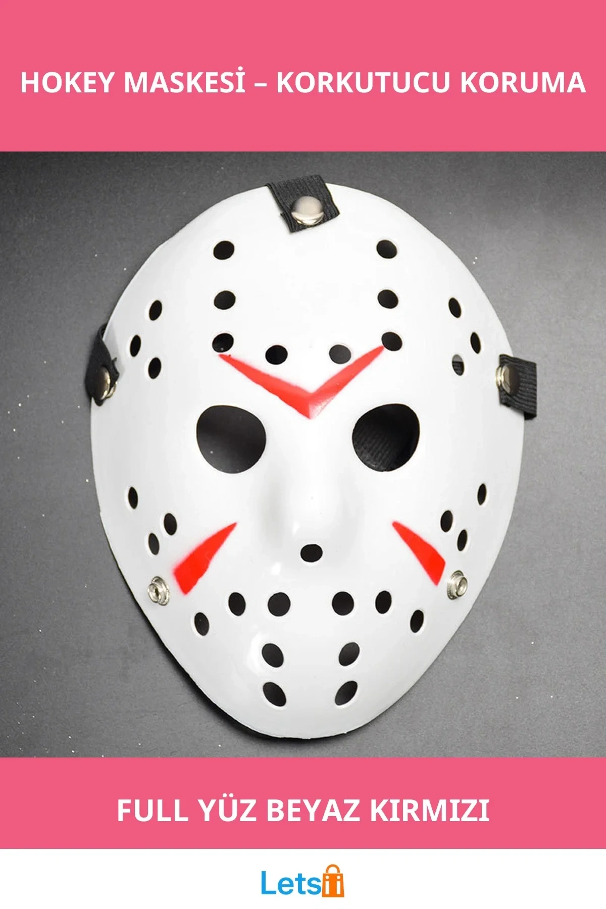 Beyaz Kırmızı Çizgili Tam Yüz Hokey Maskesi