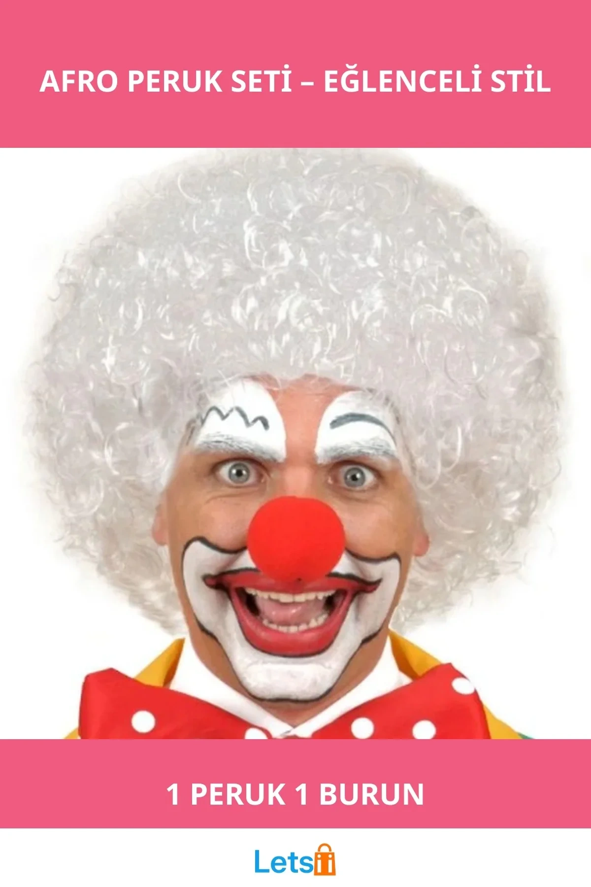 Beyaz Kıvırcık Afro Peruk ve Kırmızı Sünger Burun Kostüm Aksesuarı
