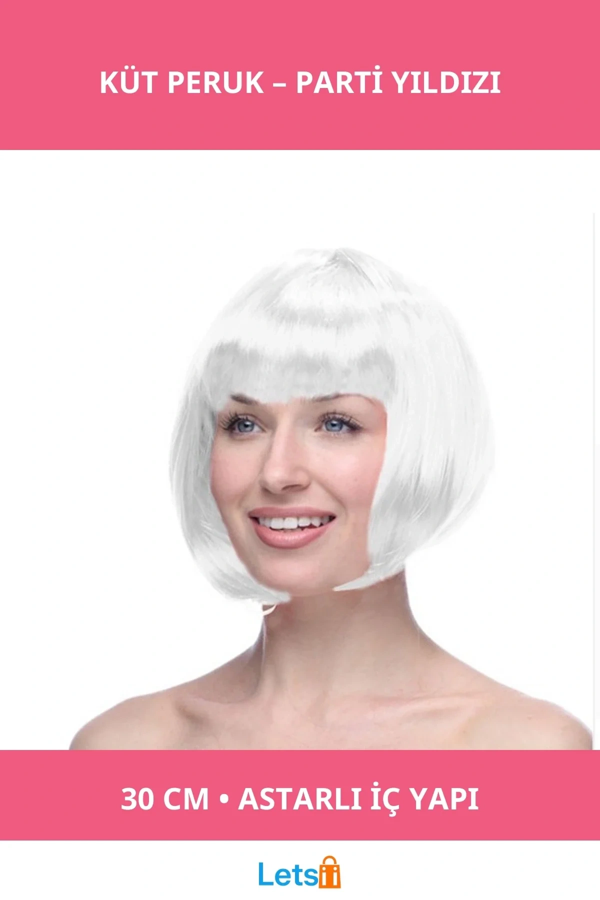 Beyaz Küt Sentetik Peruk Saç 30 cm Parti Saçı