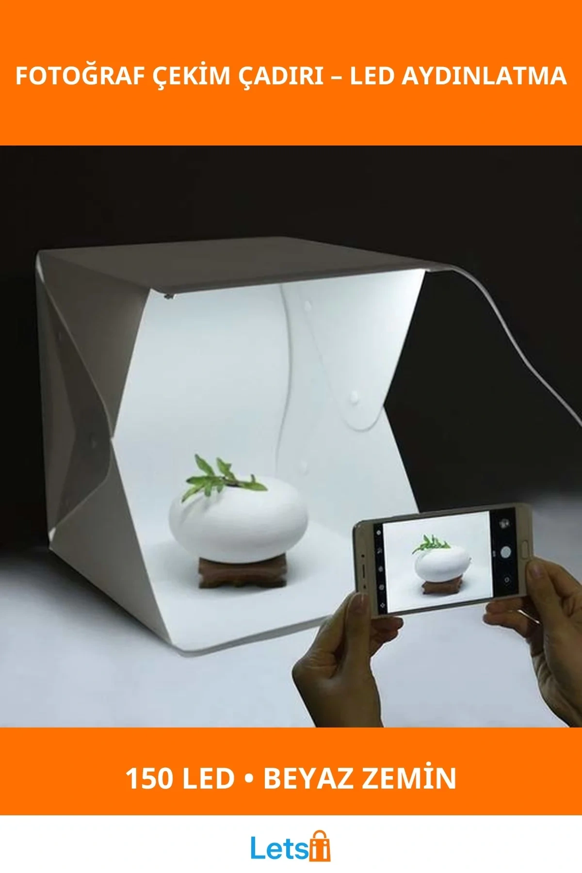 Beyaz LED Işıklı Katlanır Ürün Fotoğraf Çekim Çadırı 23x24x23 CM