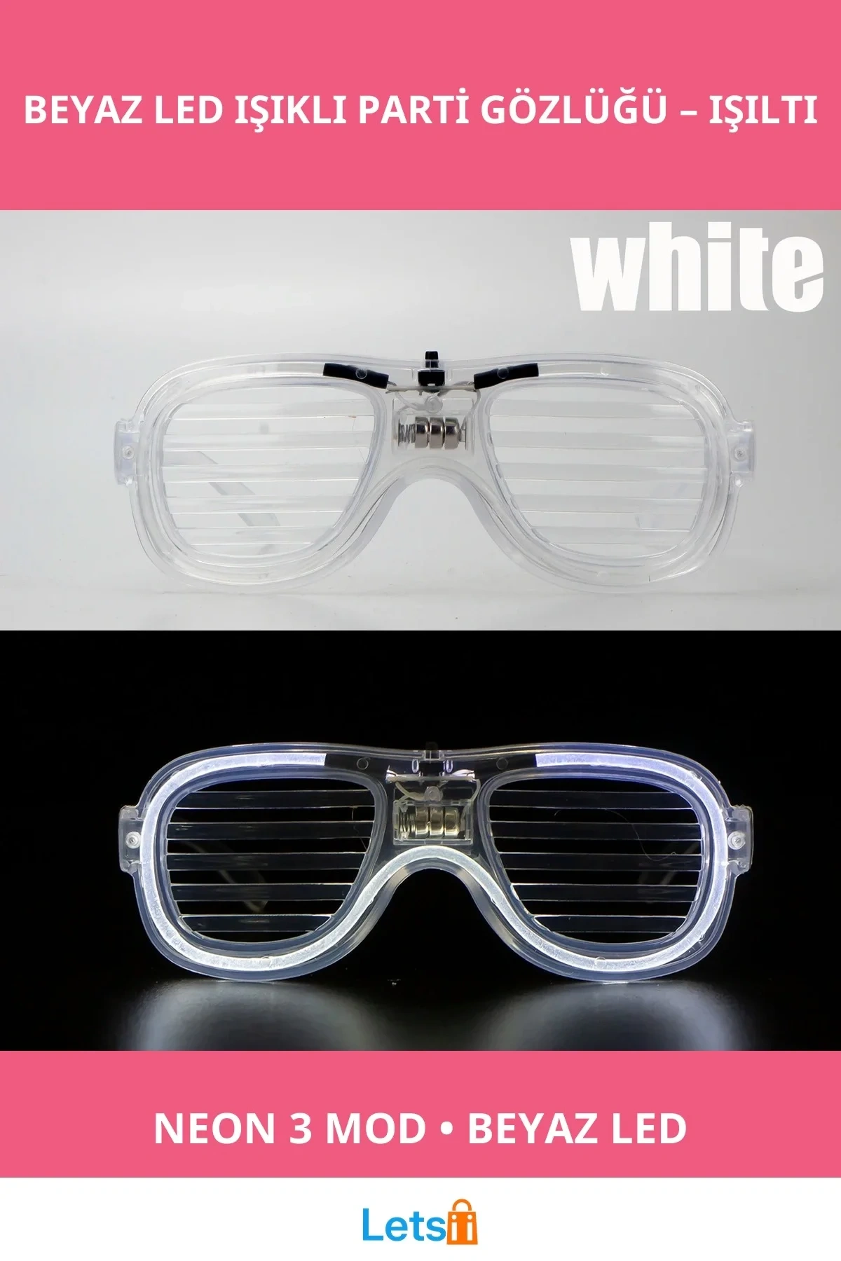 Beyaz Led Işıklı Neon Parti Gözlüğü 3 Modlu