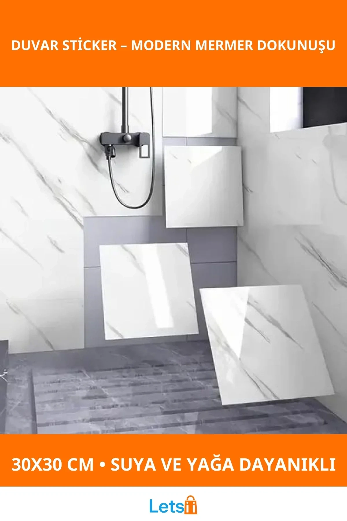 Beyaz Mermer Desenli Su Geçirmez Dayanıklı Alüminyum Plastik Duvar Sticker 30x30 cm