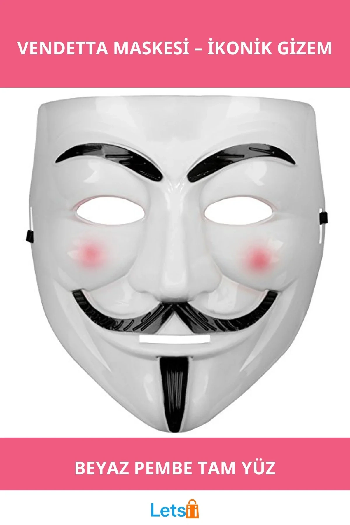 Beyaz Pembe Yanaklı V For Vendetta Maskesi