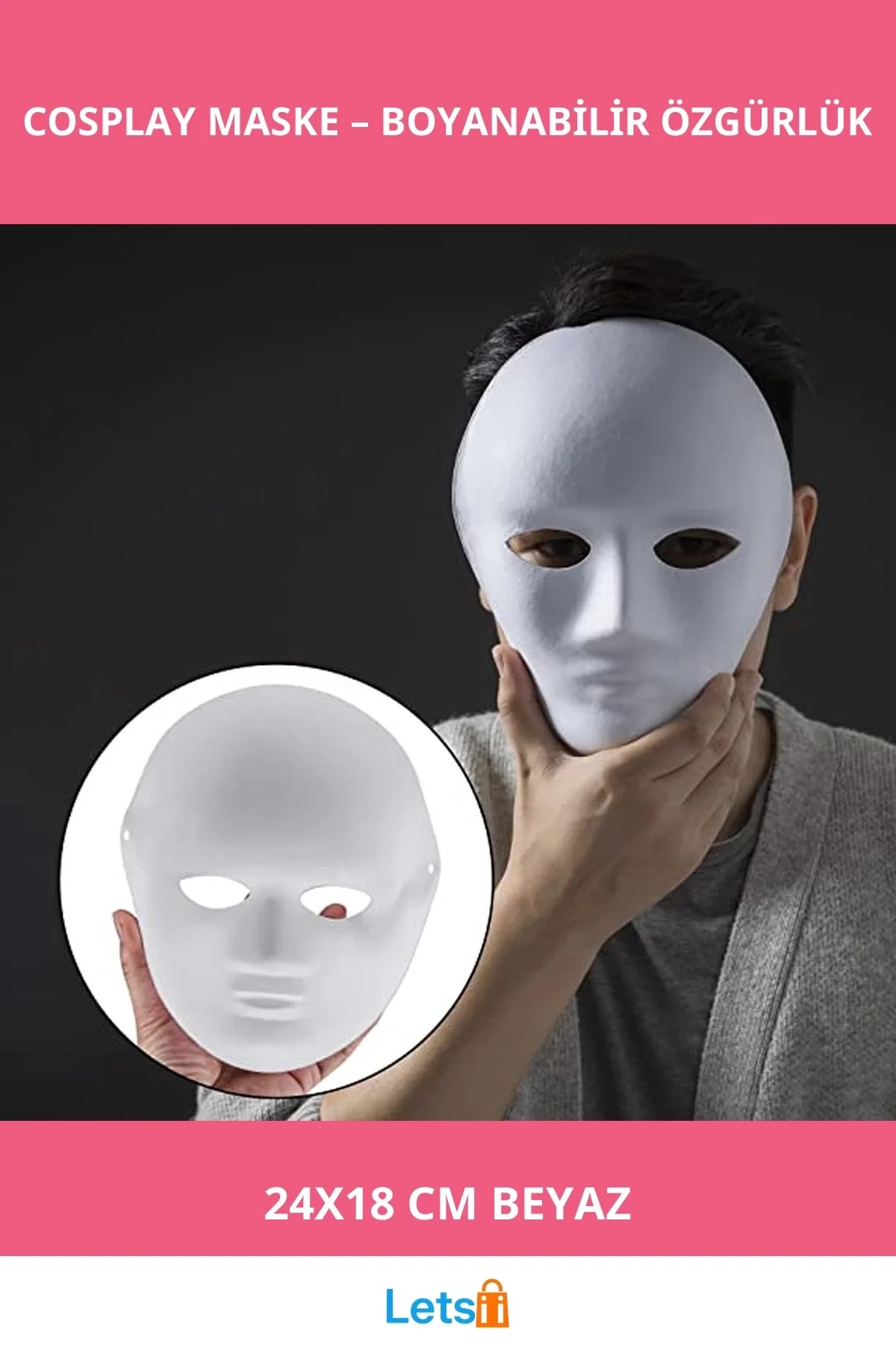 Beyaz Renk Boyanabilir Anonim Tam Yüz Cosplay Maske 24x18 cm