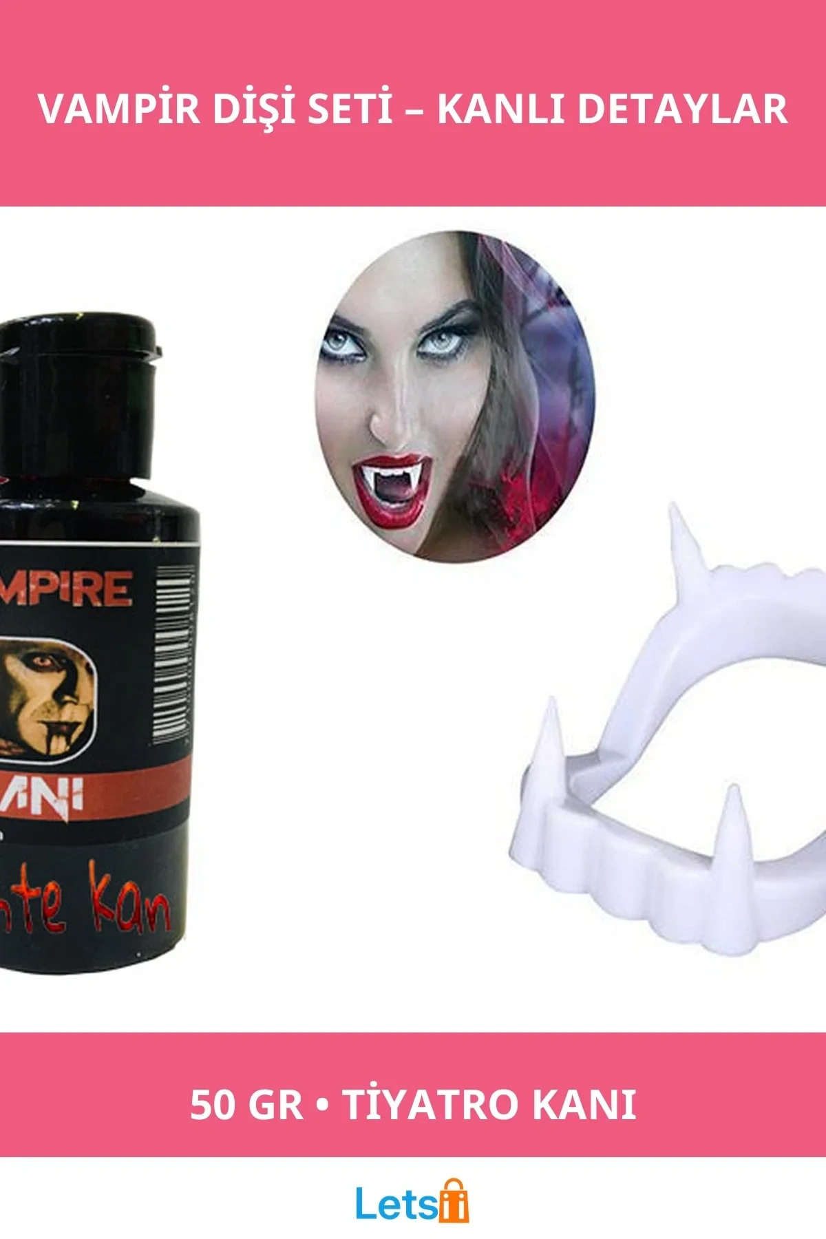 Beyaz Renk Çift Damak Takma Vampir Dişi Tiyatro Kanı