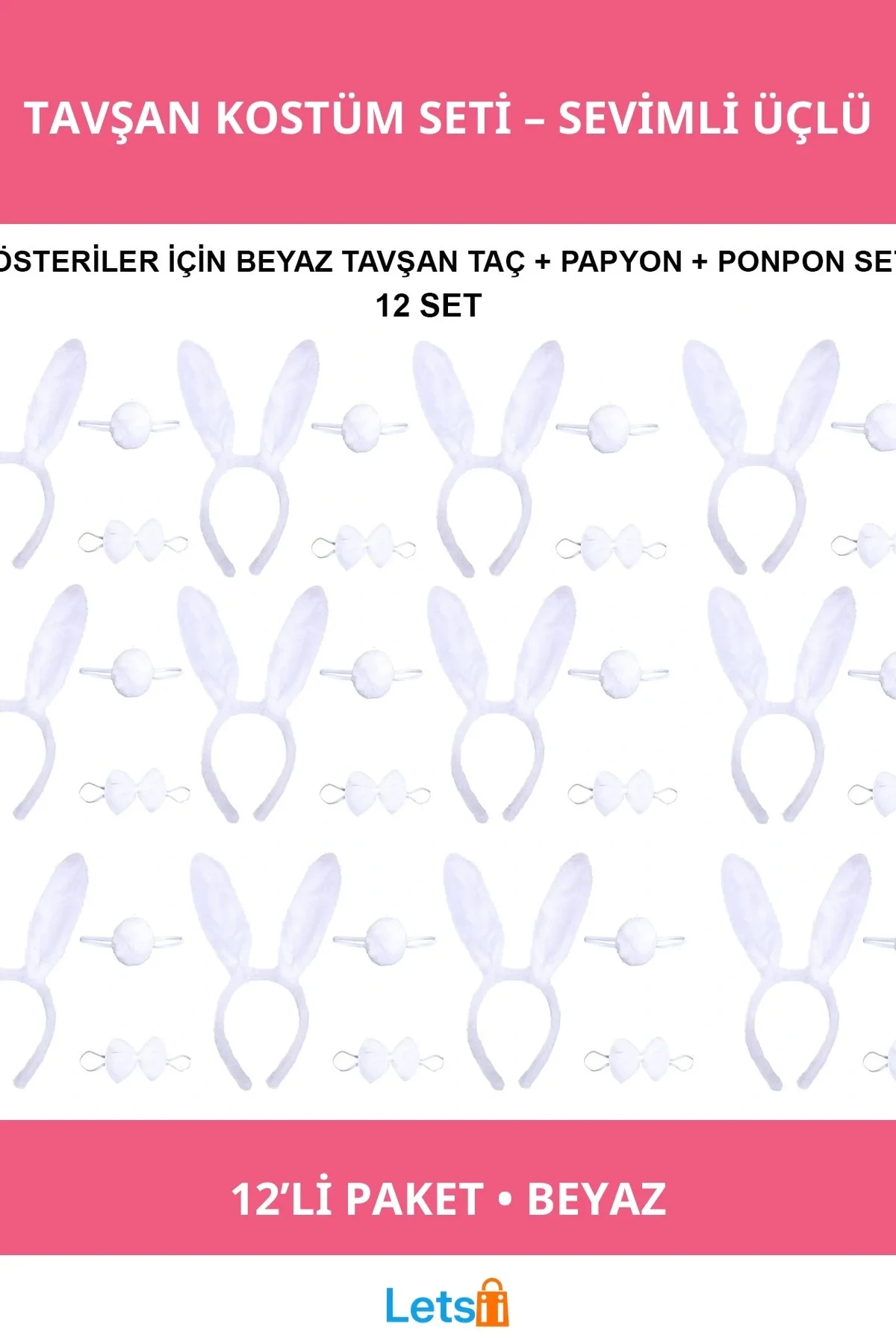 Beyaz Tavşan Kostümü Taç Papyon Kuyruk 12li Parti Seti