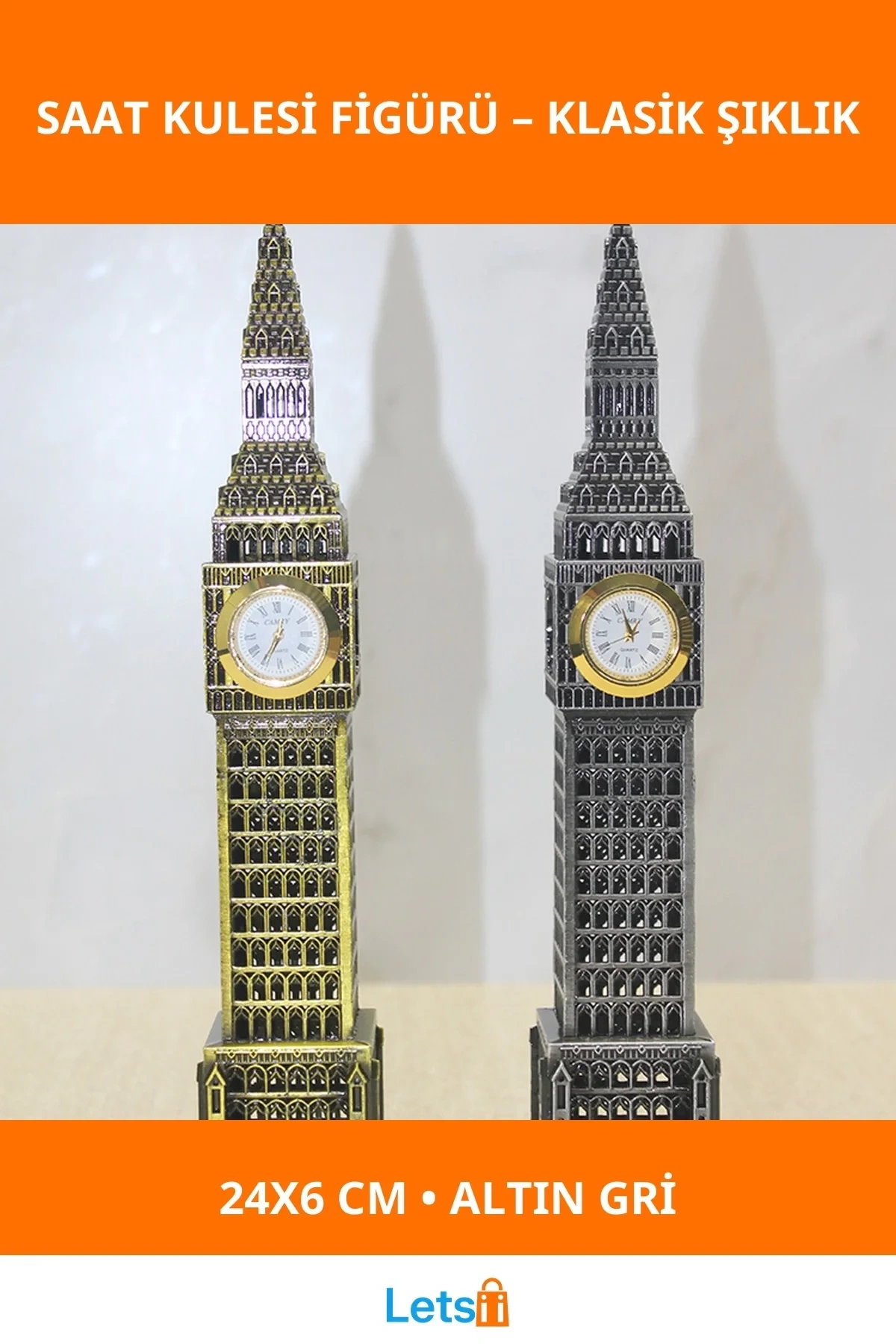Big Ben Tasarımlı Metal Saat Kulesi Altın Gri Dekoratif Aksesuar