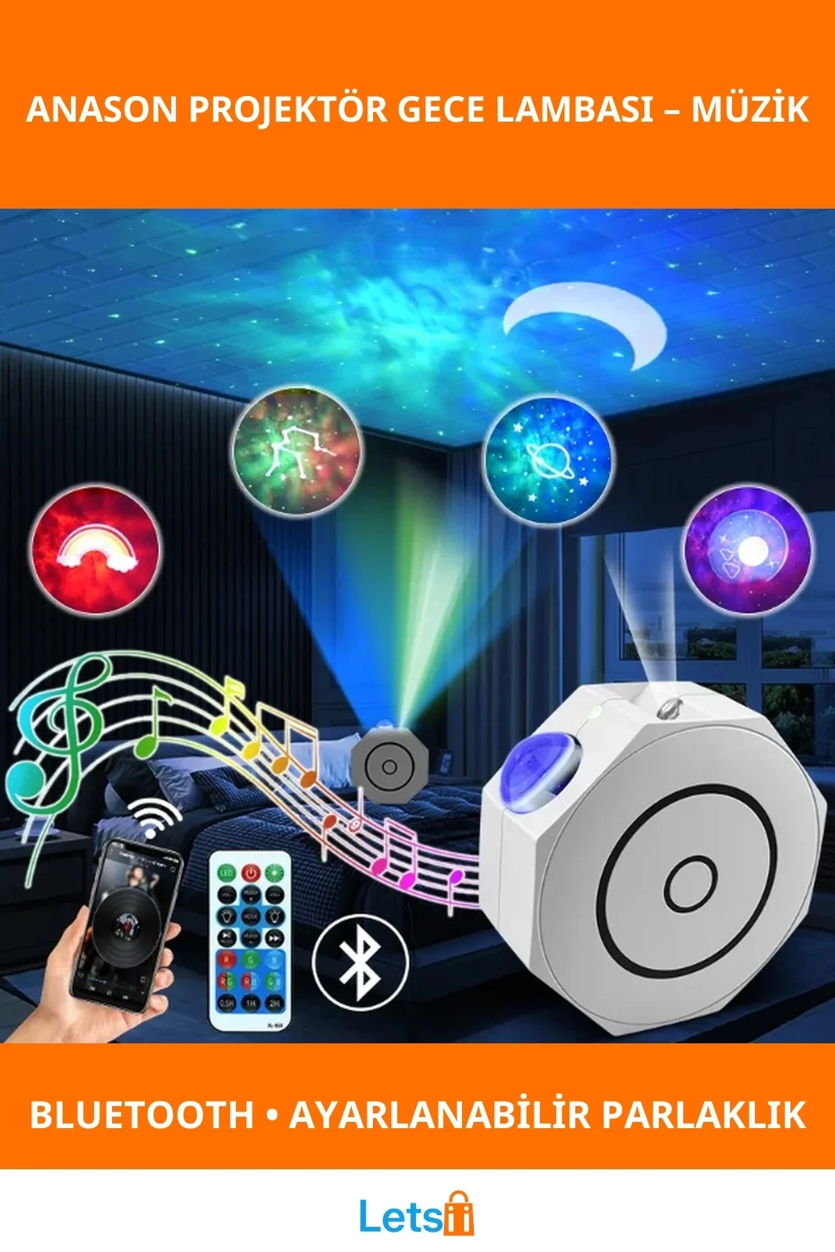 Bluetooth Özellikli Anason Projektör Gece Lambası ile Müzik Keyfi