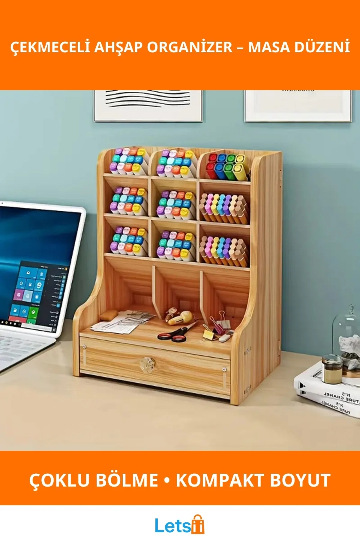 Bölmeli Çekmeceli Ahşap Organizer Masa Düzeni ve Depolama