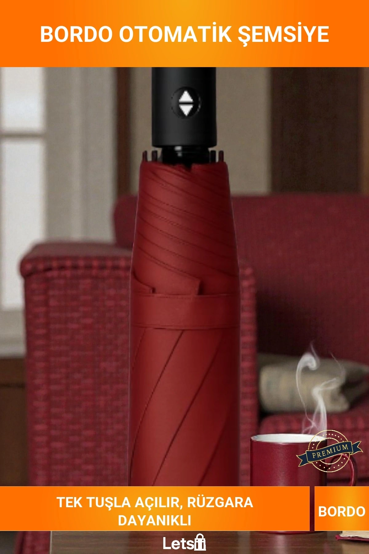 Bordo Otomatik Açılan Kompakt Şemsiye Rüzgar Dayanıklı 8 Telli Su Geçirmez Çantalı Şemsiye