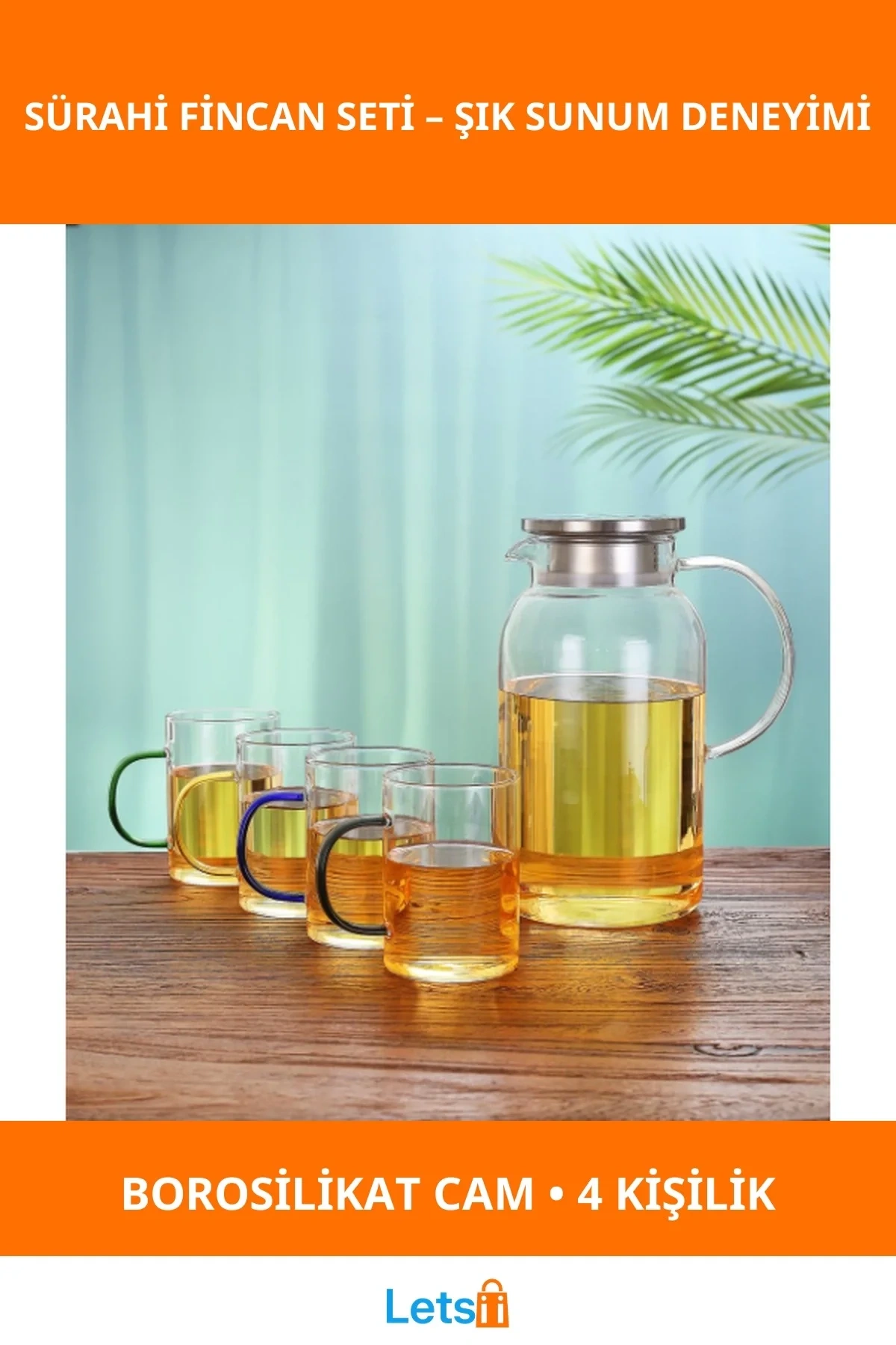 Borosilikat Cam Sürahi 4lü Renkli Fincan Seti