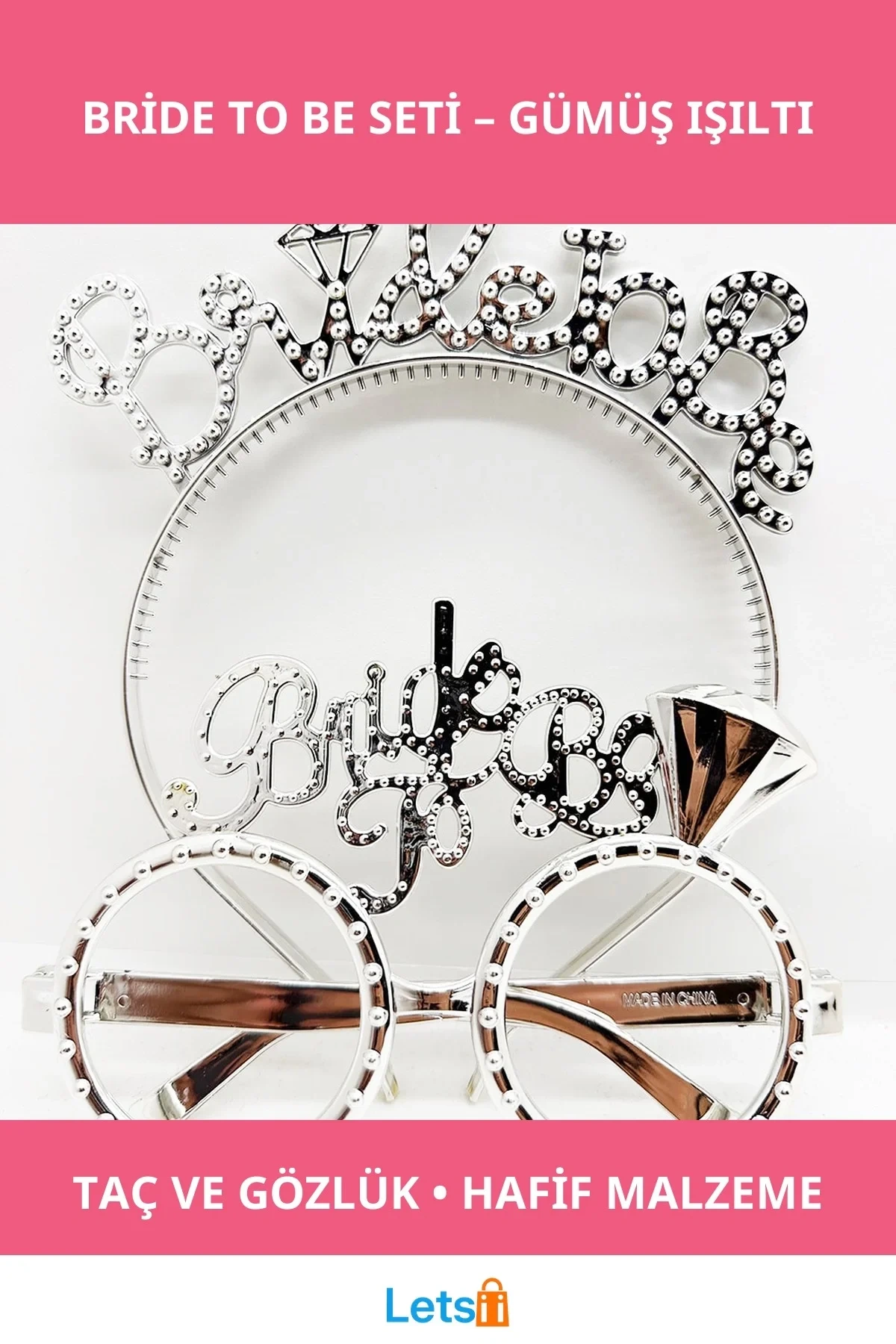 Bride To Be Yazılı Gümüş Renk Taç ve Gözlük Seti