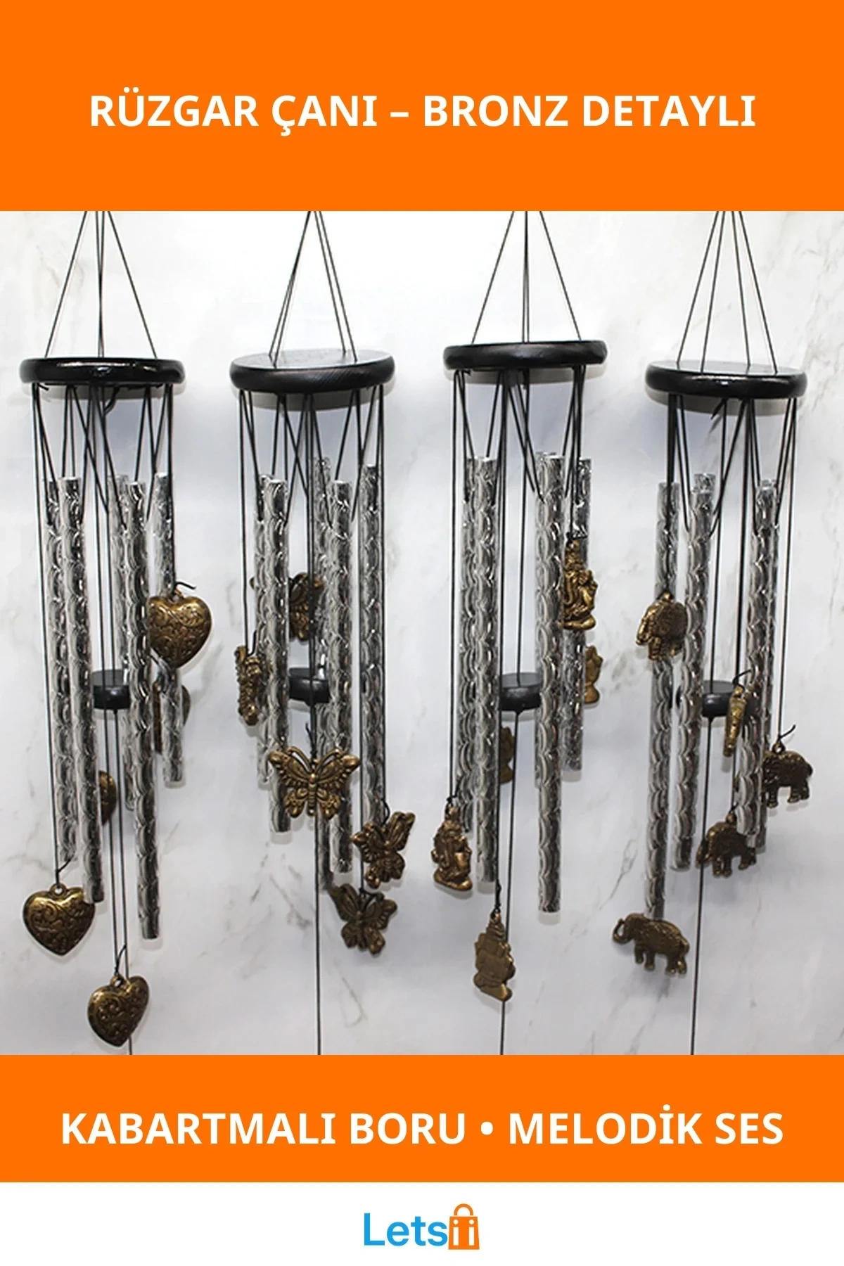Bronza Detaylı Metal Rüzgar Çanı 4 Figürlü Bahçe Dekorasyonu