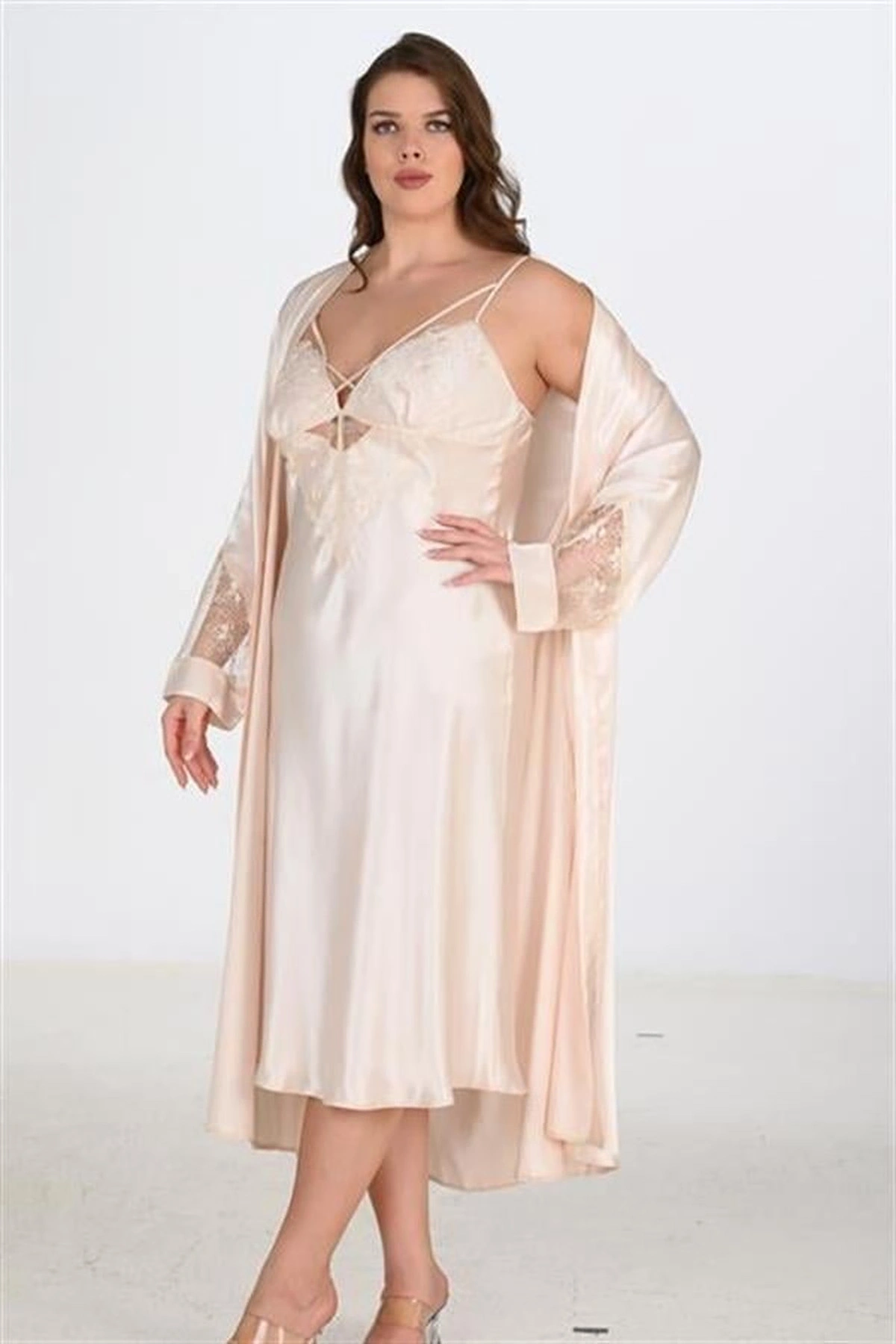 Büyük 2Li Fildişi Sabahlık Takımı Fil Dişi Renk