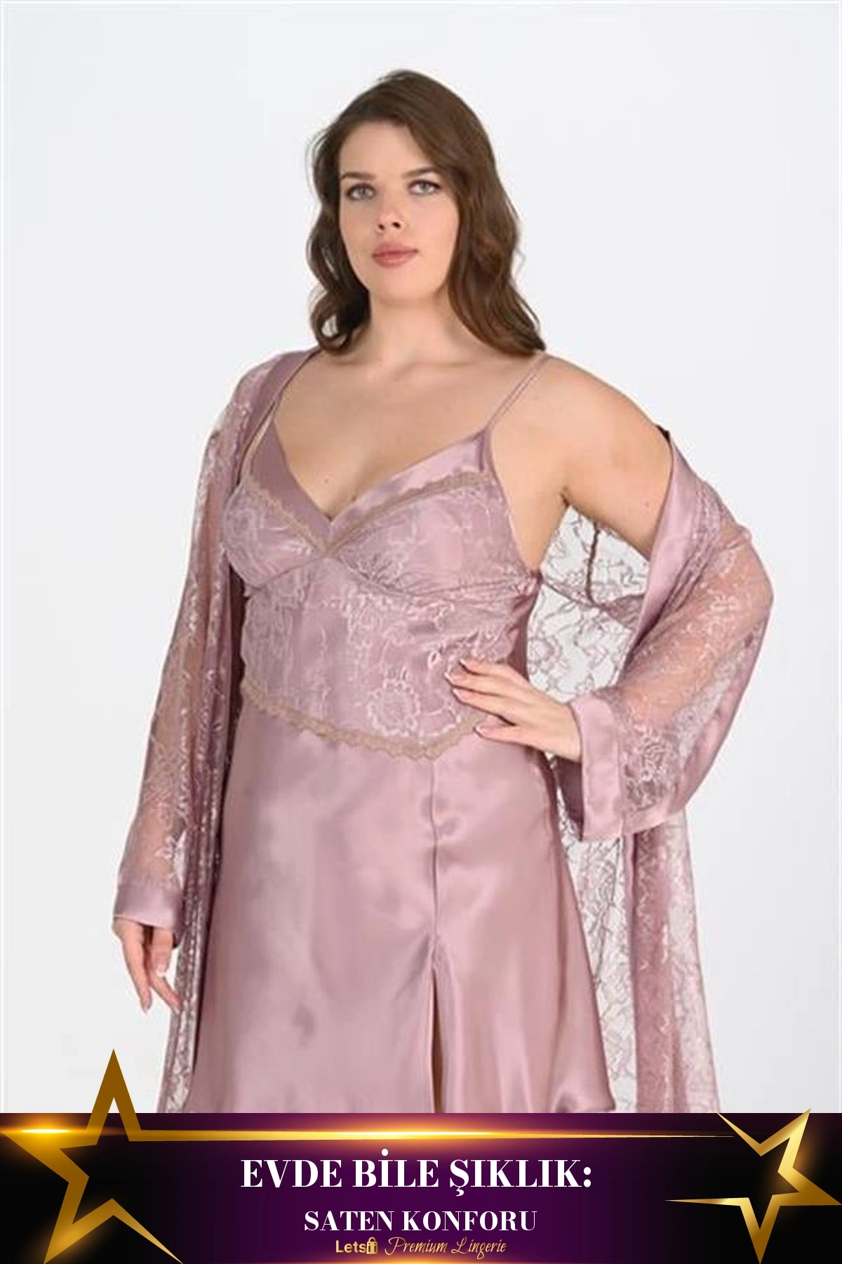 Büyük 2Li Saten Ev Giyim Takımı Vizon Renk