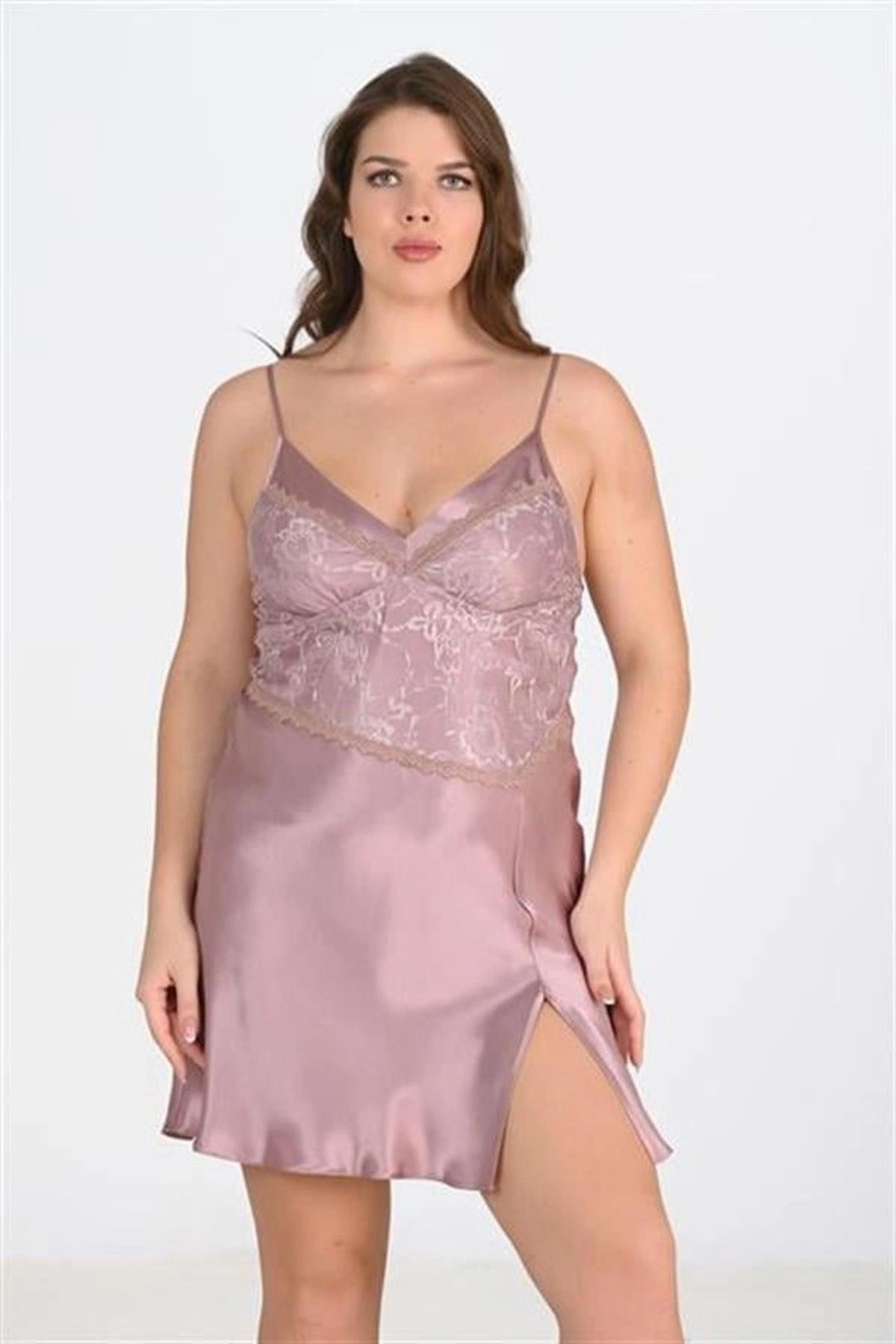 Büyük 2Li Saten Ev Giyim Takımı Vizon Renk