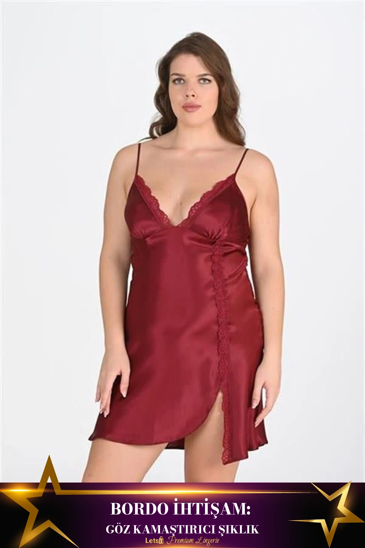 Büyük 2Li Saten Sabahlık Takımı Bordo Renk