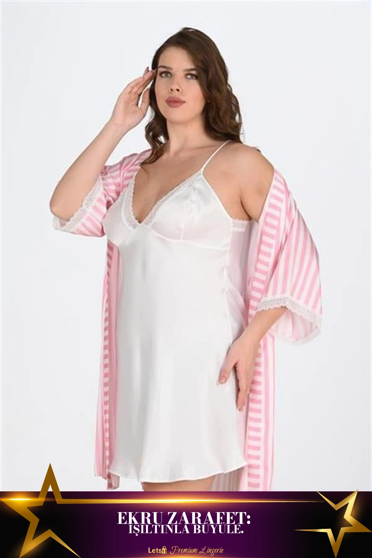 Büyük 2Li Saten Sabahlık Takımı Ekru Renk