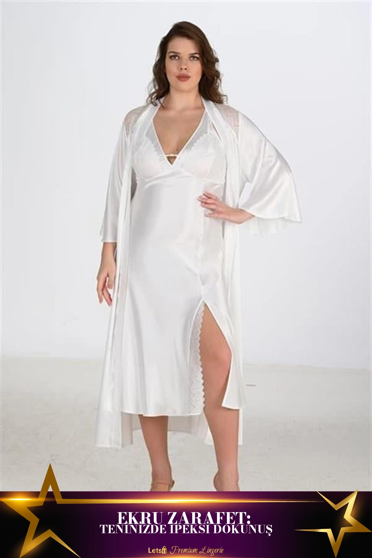 Büyük 2Li Saten Sabahlık Takımı Ekru Renk